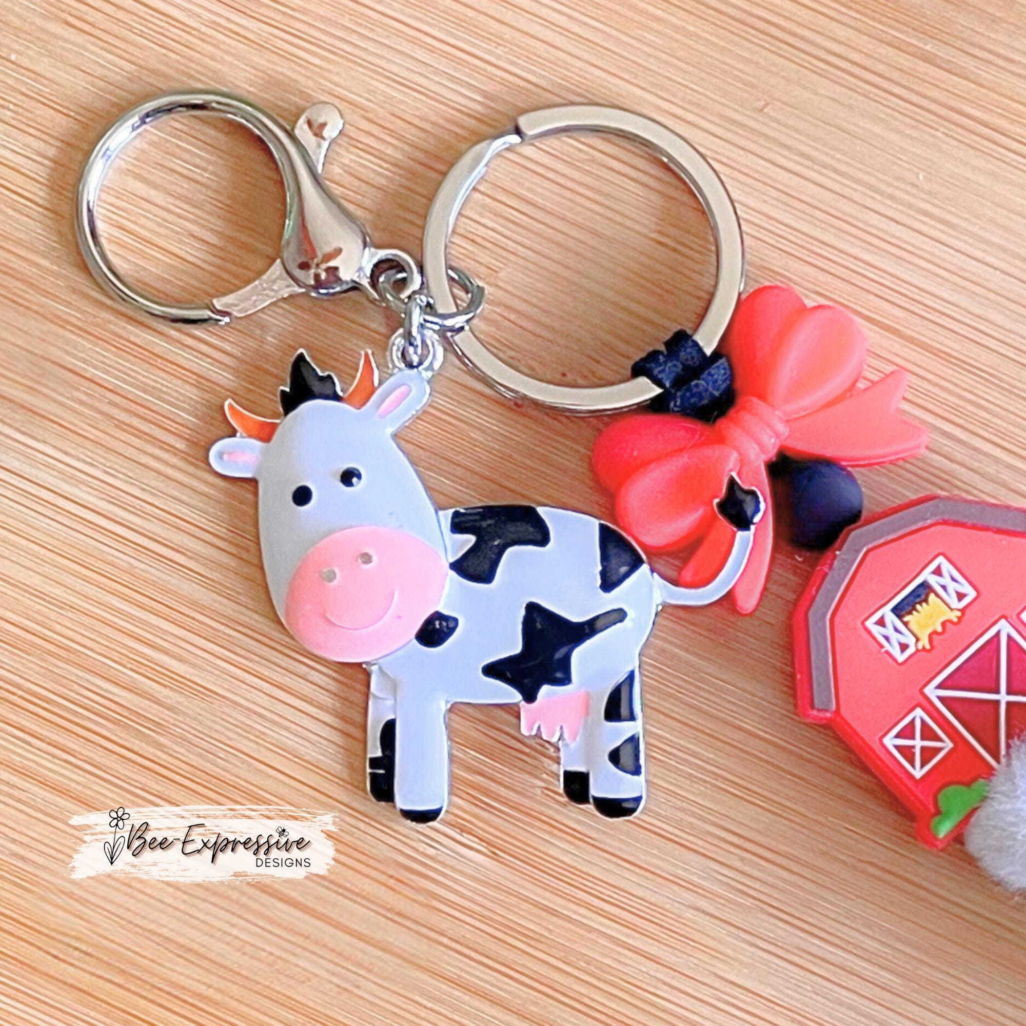 Cow charm, silicone barn & bow, keychain! Lobster or swivel clasp, black suede cord, furry and cow print wood bead, metal cow charm!