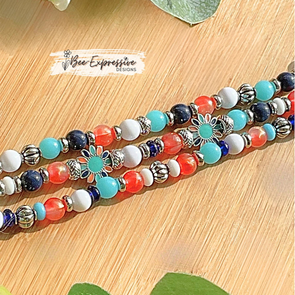 Handmade Beaded Apple Watch Bracelet: Silver Flower Charms, Custom Size