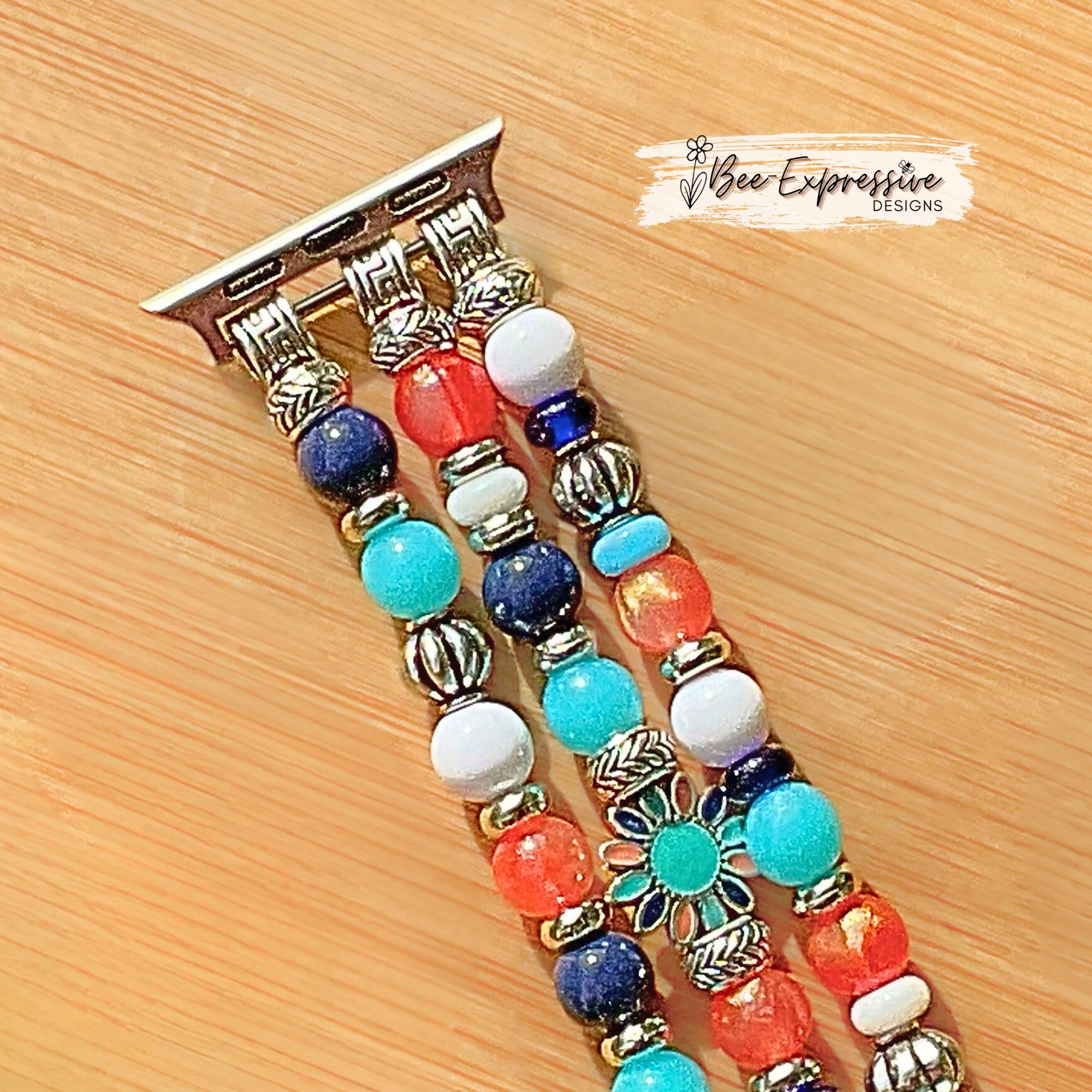 Handmade, beaded watch bracelet for Apple watch! 1mm elastic cord, silver spacers, metal flower connectors, custom sizes, pick adapter color