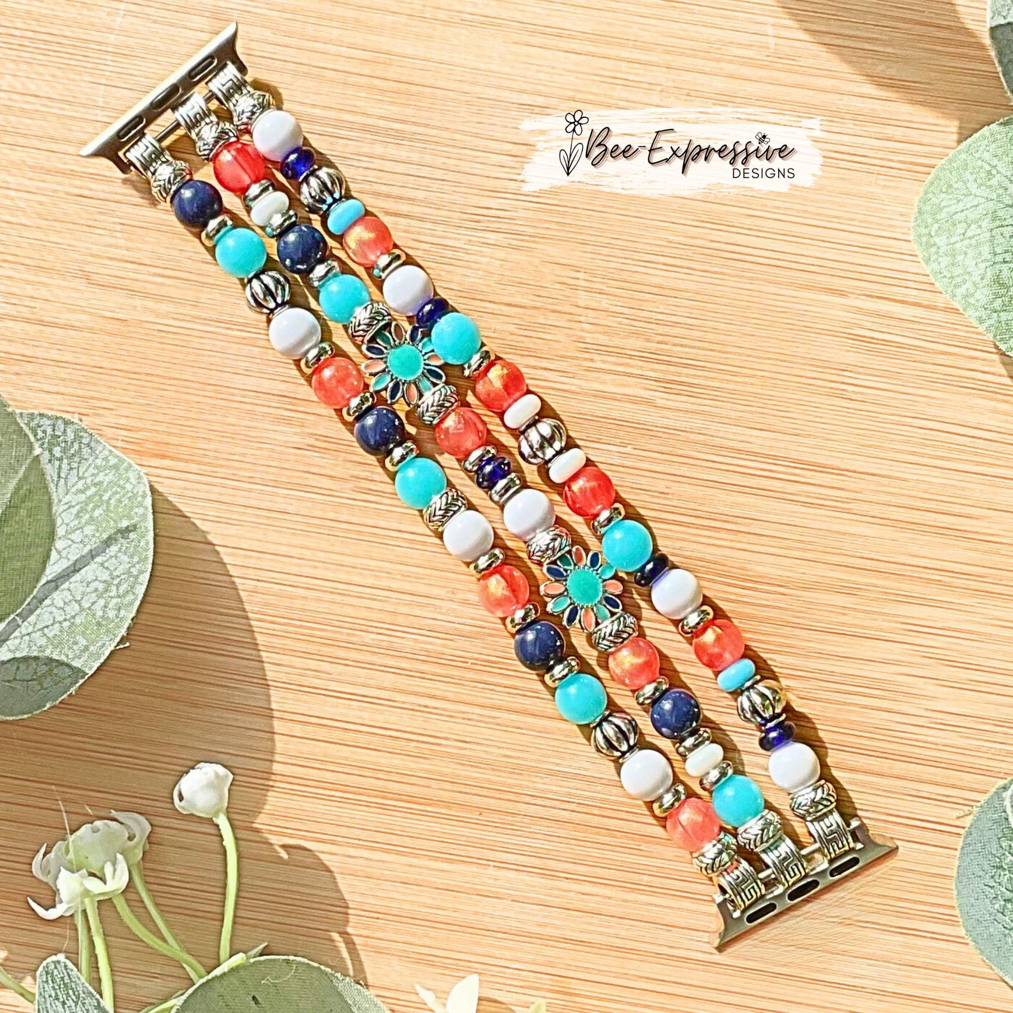 Handmade, beaded watch bracelet for Apple watch! 1mm elastic cord, silver spacers, metal flower connectors, custom sizes, pick adapter color