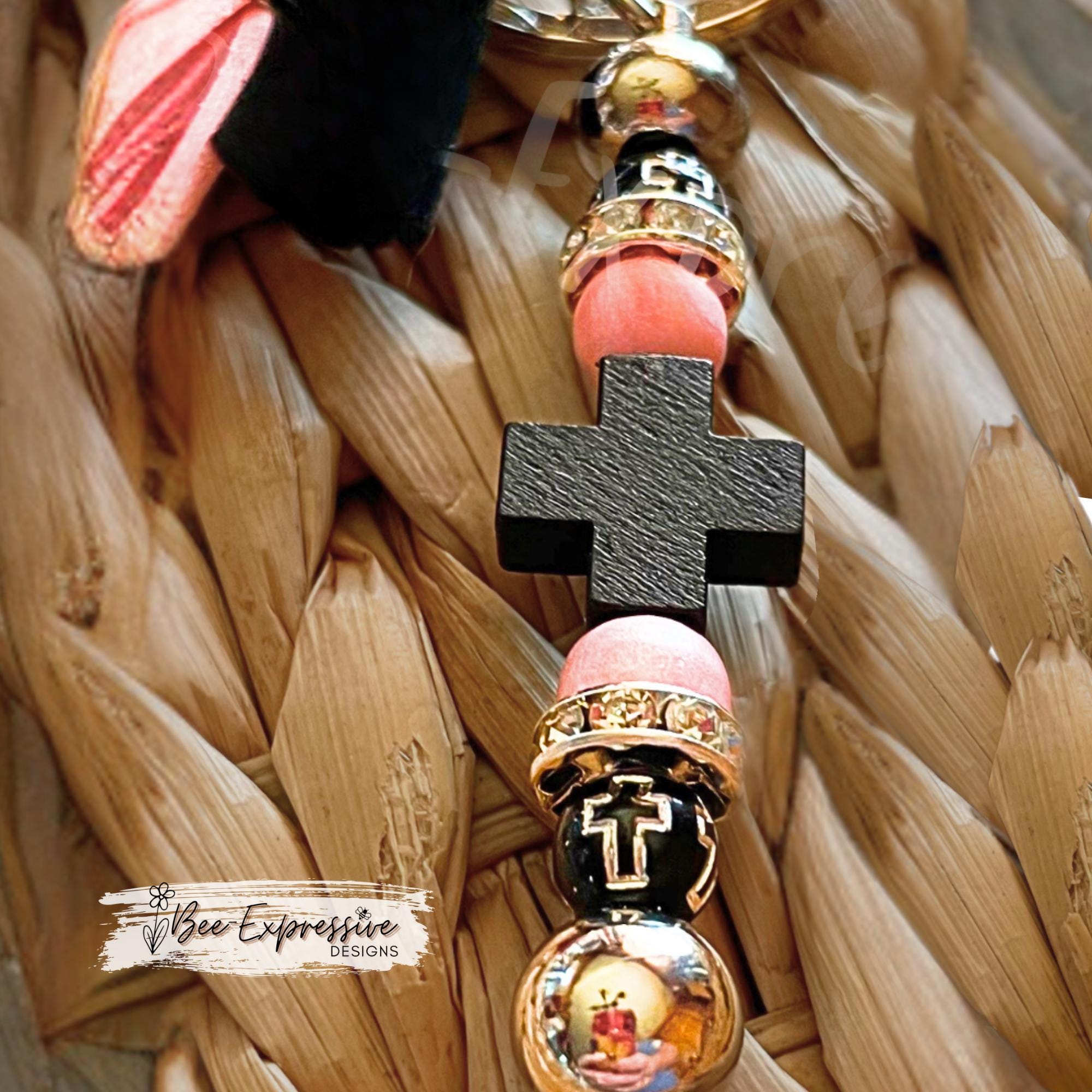 Handmade, wood cross, beaded keychain! Lobster or swivel clasp, beaded bar, pink wood beads, acrylic beads with crosses, rhinestone spacers