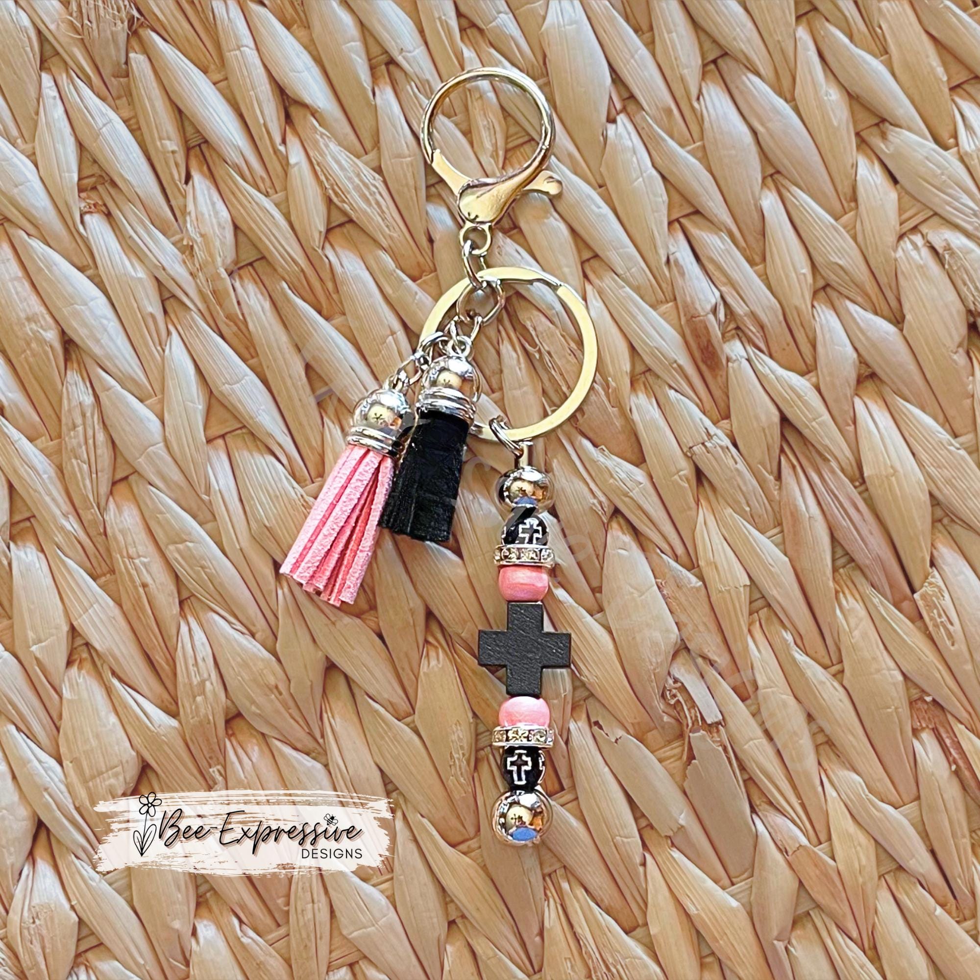 Handmade Wood Cross Keychain: Beaded Bar, Rhinestone Spacers, Tassel