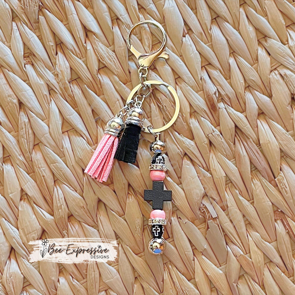 Handmade, wood cross, beaded keychain! Lobster or swivel clasp, beaded bar, pink wood beads, acrylic beads with crosses, rhinestone spacers