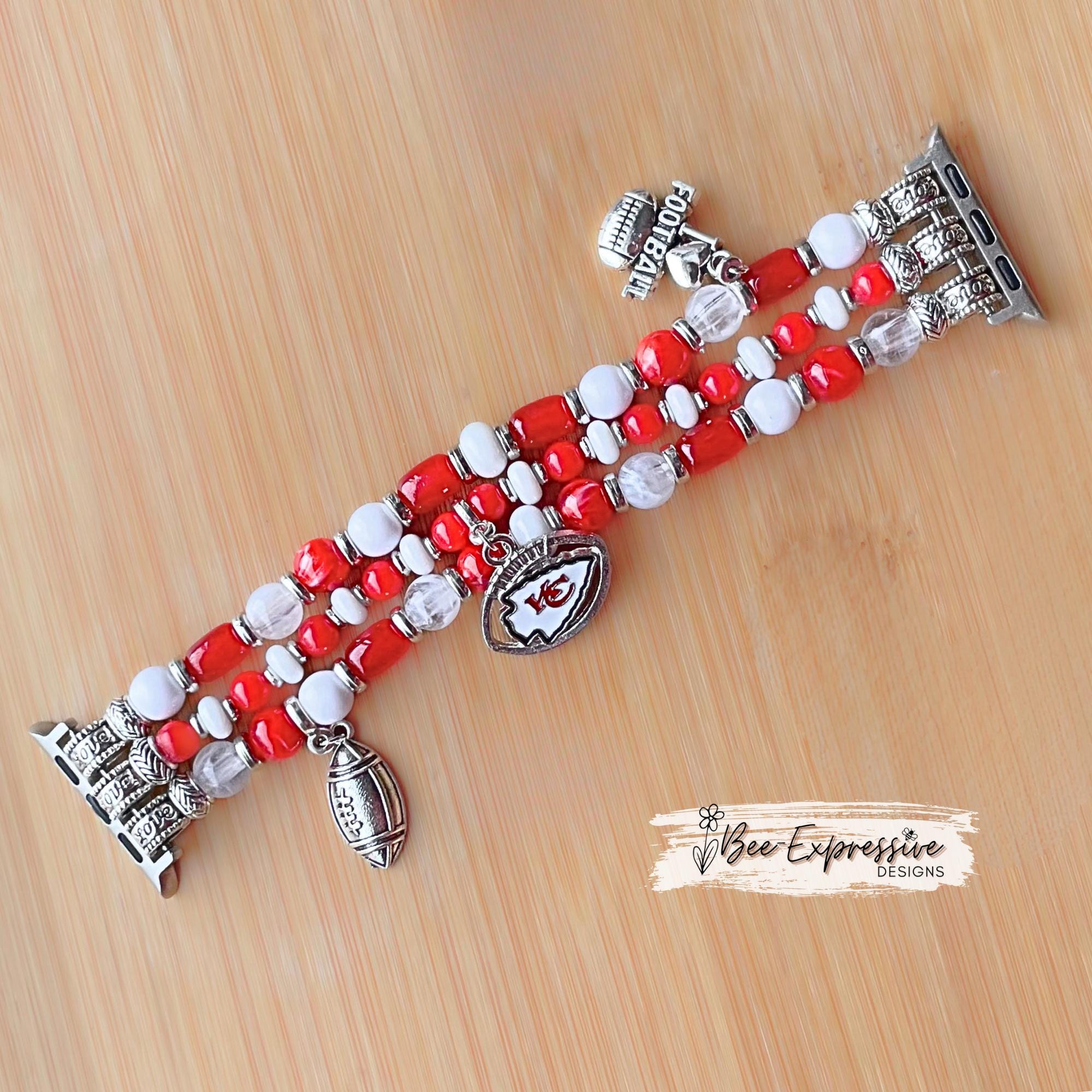 Handmade KC Chiefs Beaded Apple Watch Band: Football Charms