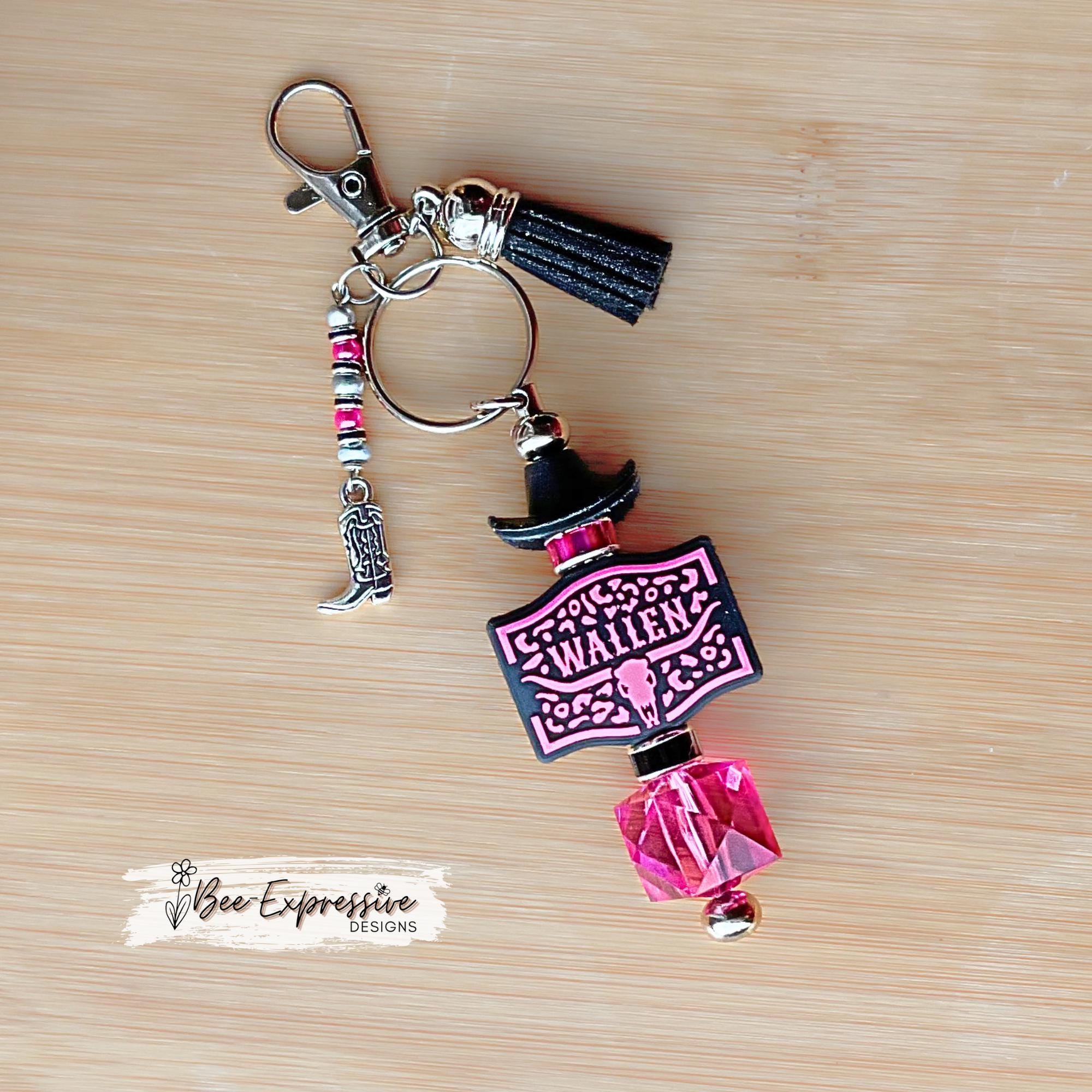 Handmade Wallen Keychain: Cowboy Hat, Octagon Bead, Beaded Tassel & Boot Charm
