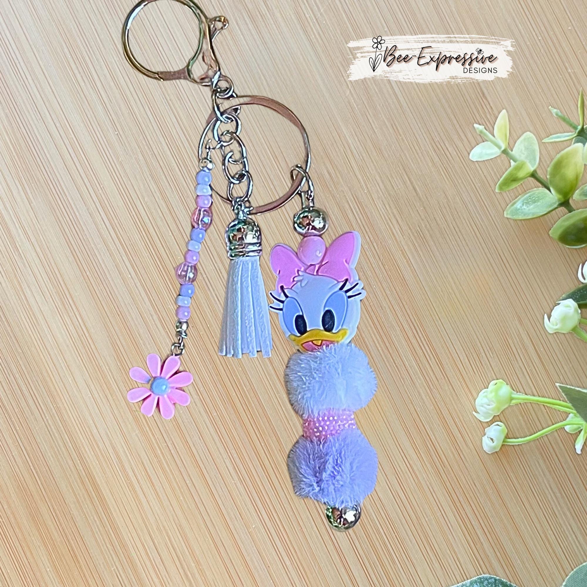 Handmade 3D Duck Keychain: Beaded Tassel, Lobster or Swivel Clasp, Pink Daisy Charm