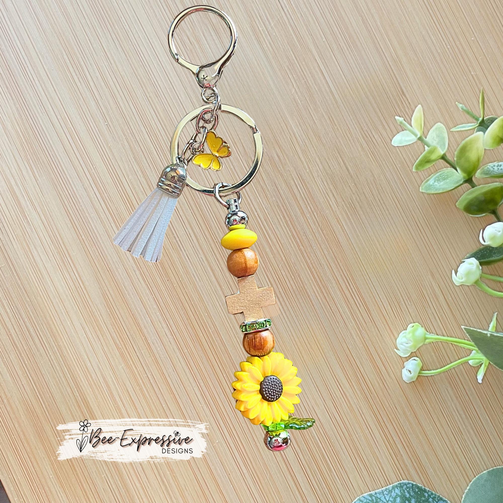 Handmade Wood Cross Keychain: Beaded Bar, Rhinestone Spacers, Sunflower, Tassel