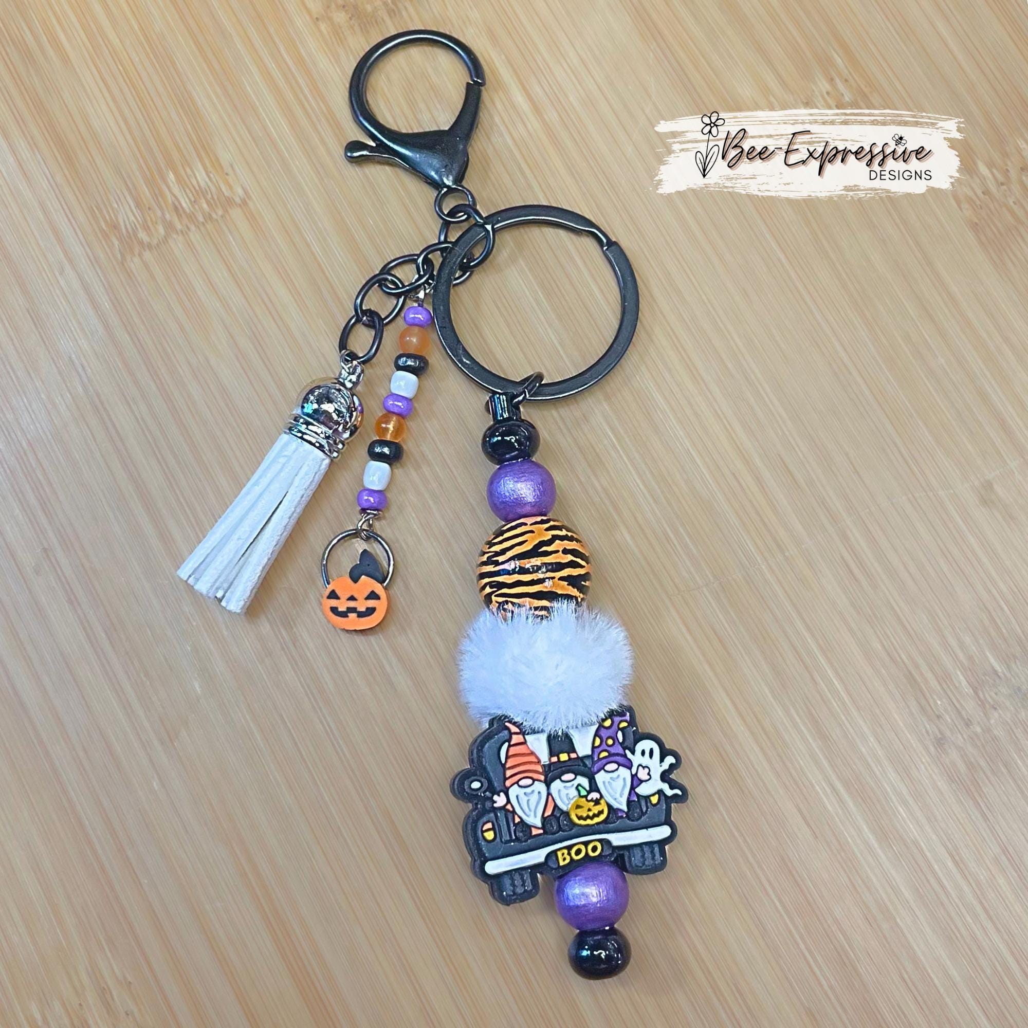 Handmade Halloween Gnome Keychain: Beaded Tassel & Pumpkin Charm