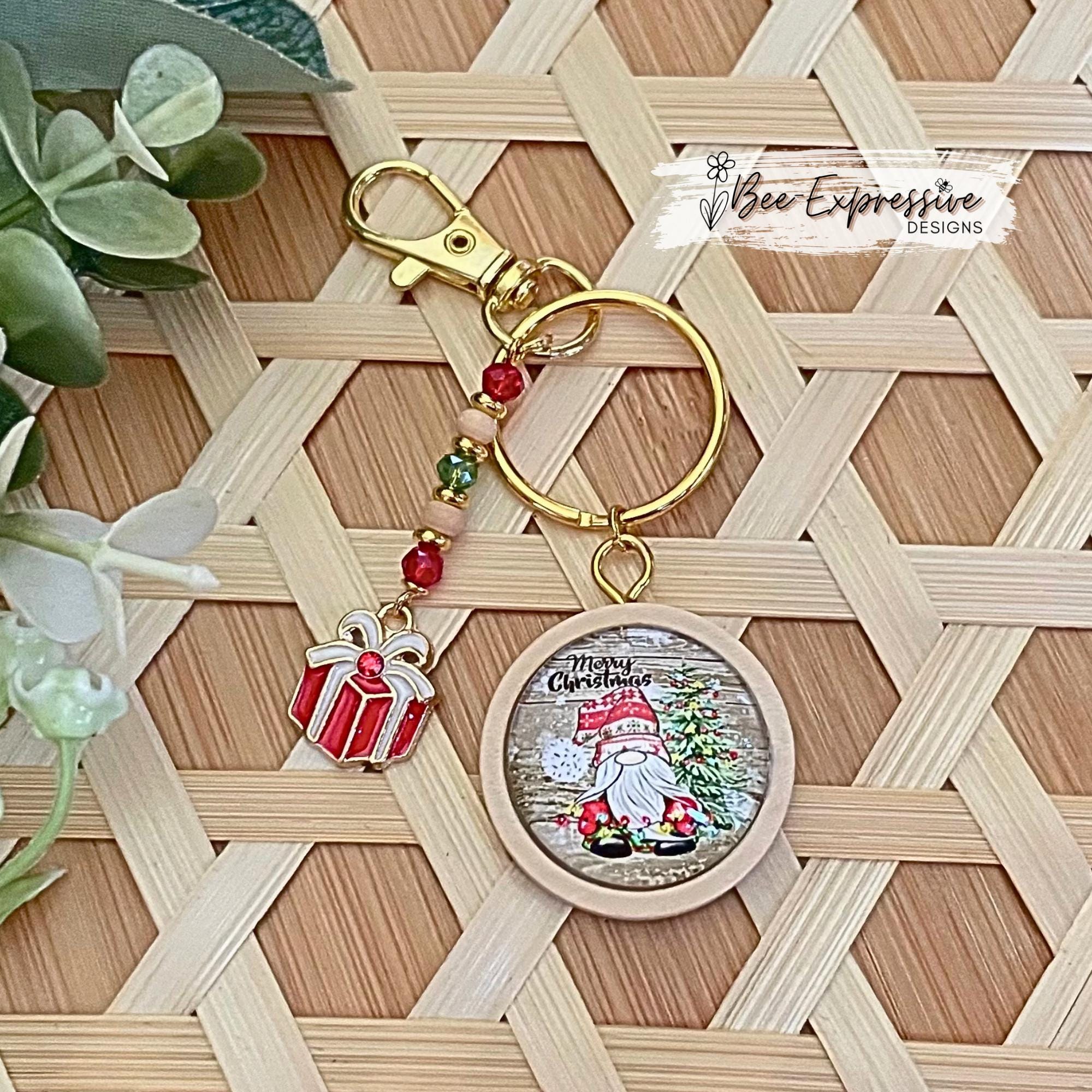 Handmade, Christmas Gnome Cabochon Keychain: Beaded tassel, gift / present charm