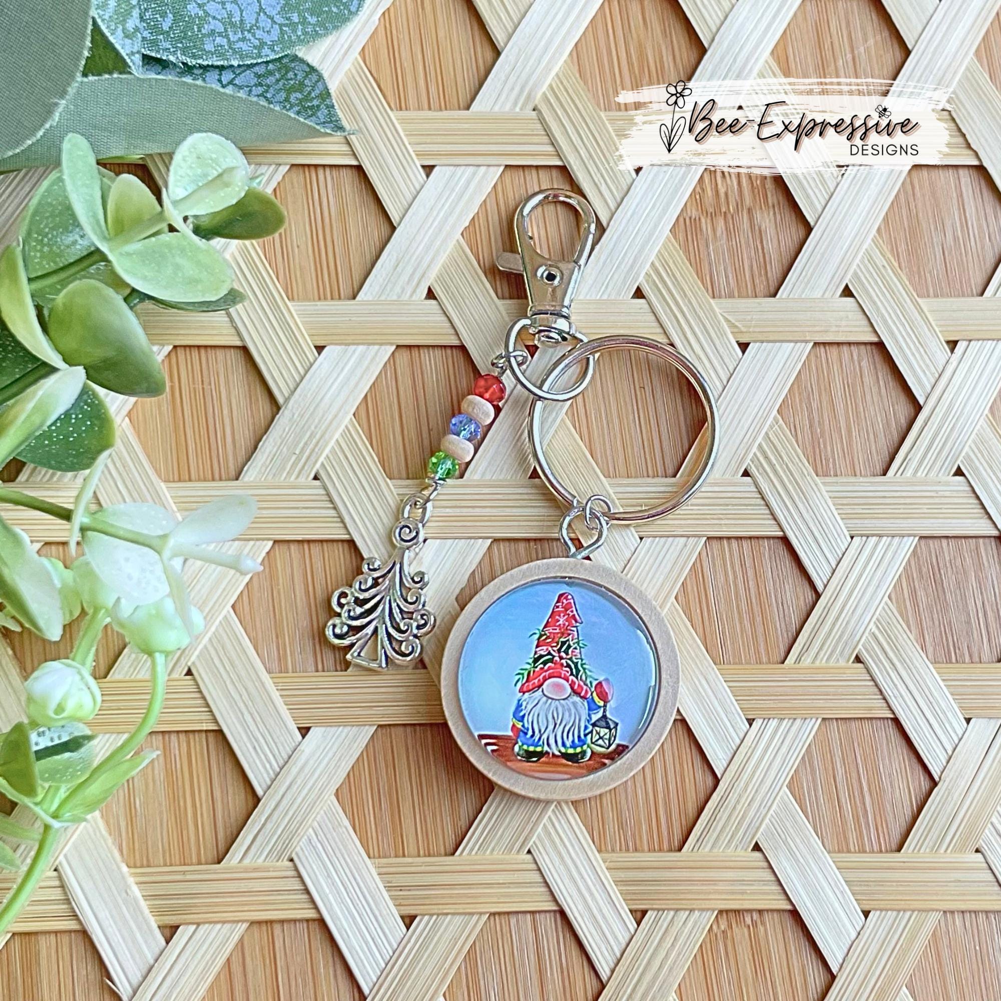 Handmade, Christmas Gnome Cabochon Keychain: Beaded tassel, Christmas tree metal charm
