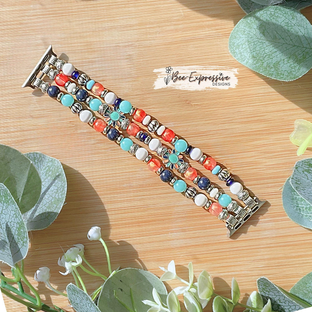 Handmade Beaded Apple Watch Bracelet: Silver Flower Charms, Custom Size