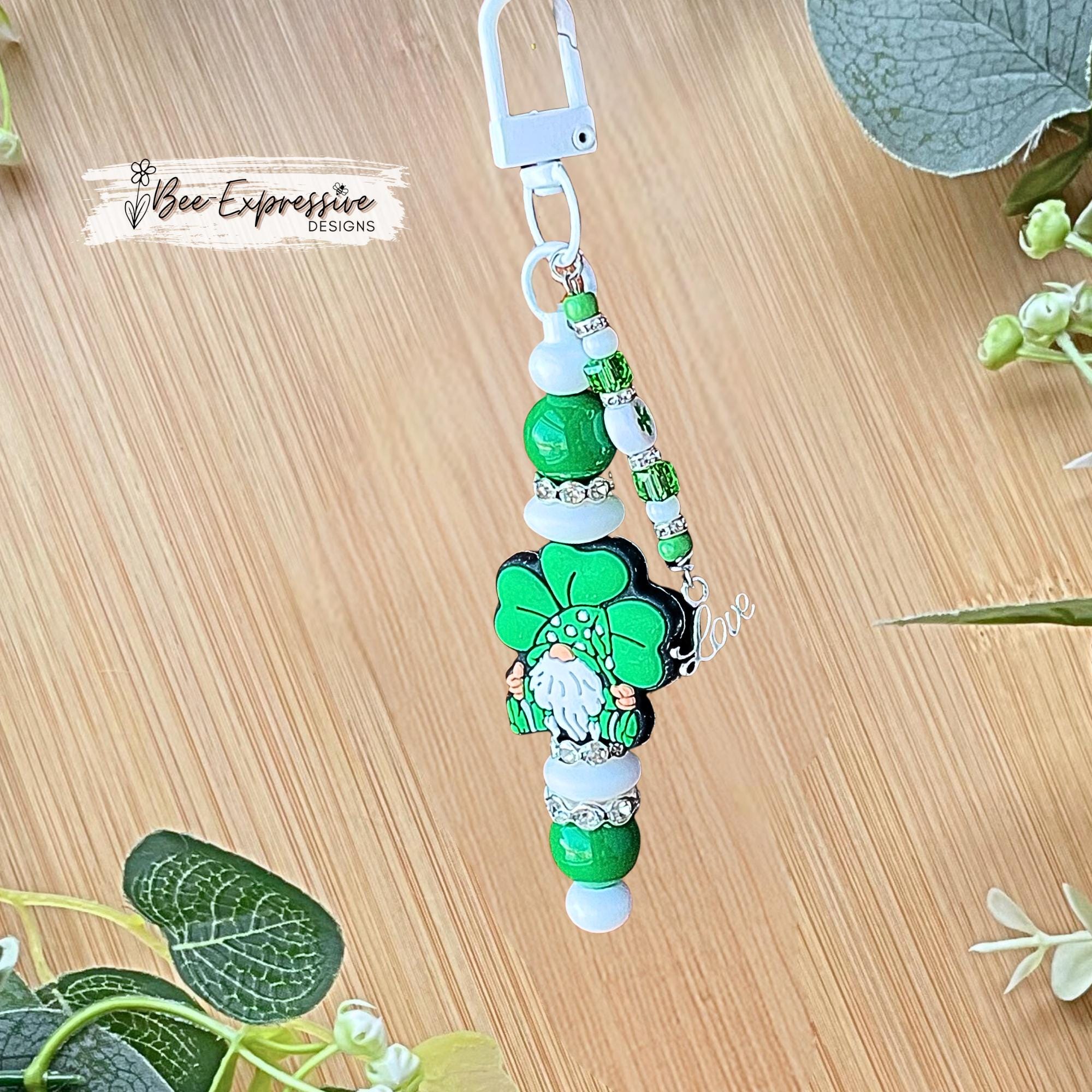 St Patrick's Day Gnome Bag Charm: Shamrock Beaded Tassel