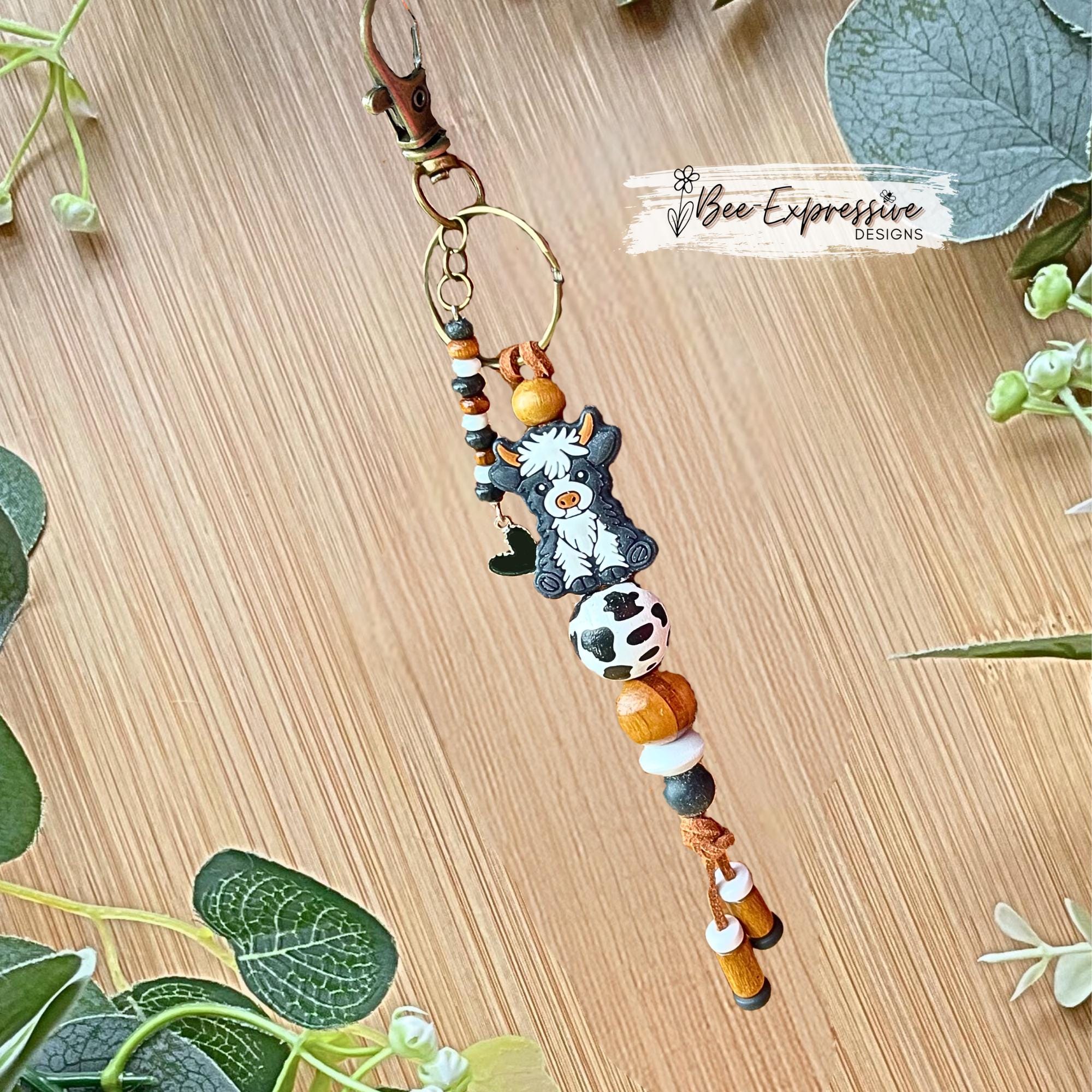 Cow Keychain: Beaded Tassel with Heart Charm, Wood and Silicone Beads