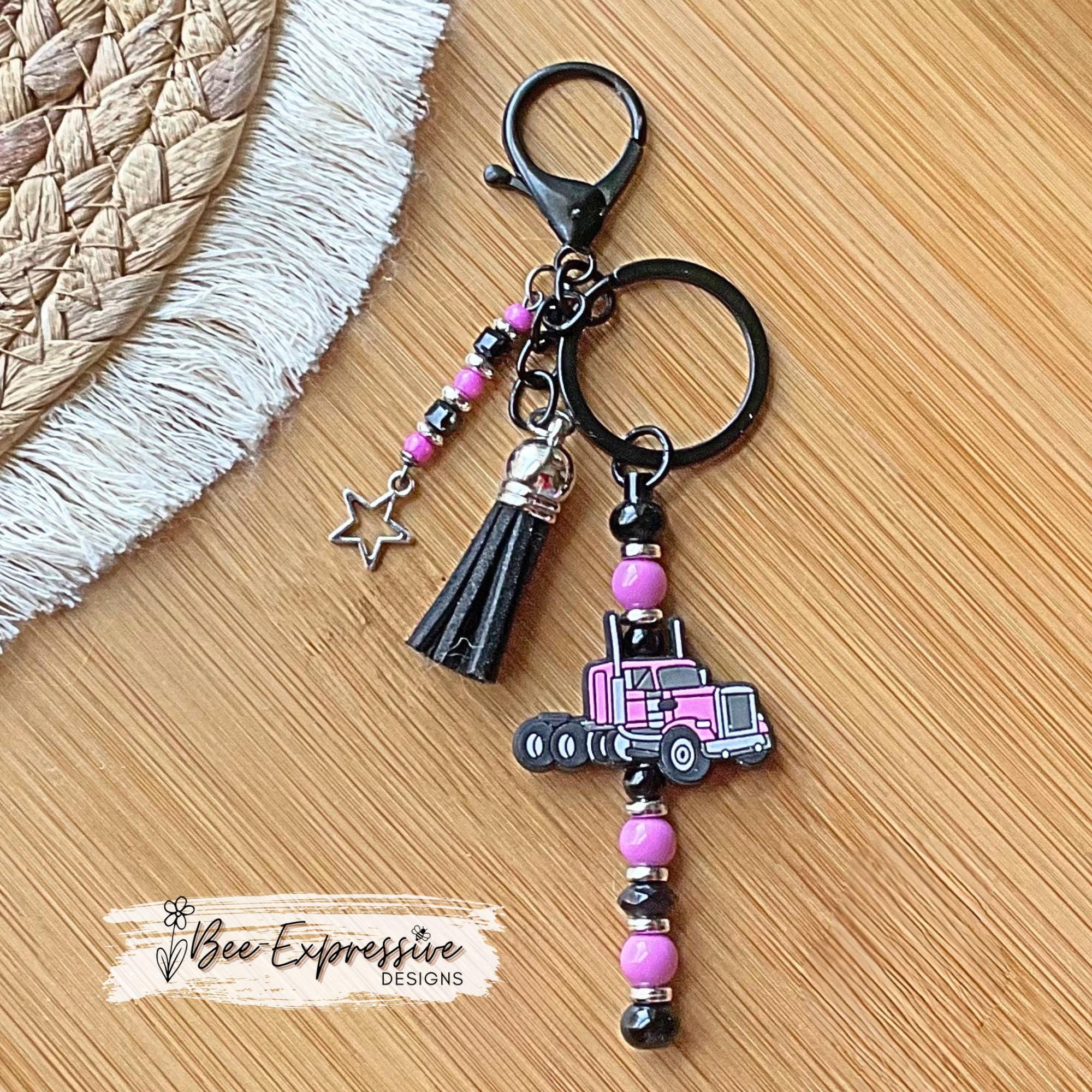 Handmade Semi Truck Keychain: Acrylic Beads, Beaded Tassel with a Star Charm