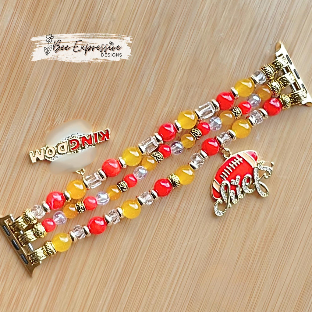 Handmade KC Chiefs Kingdom Watch Band: Gold Toned, Glass & Acrylic Beads, Chiefs Charms