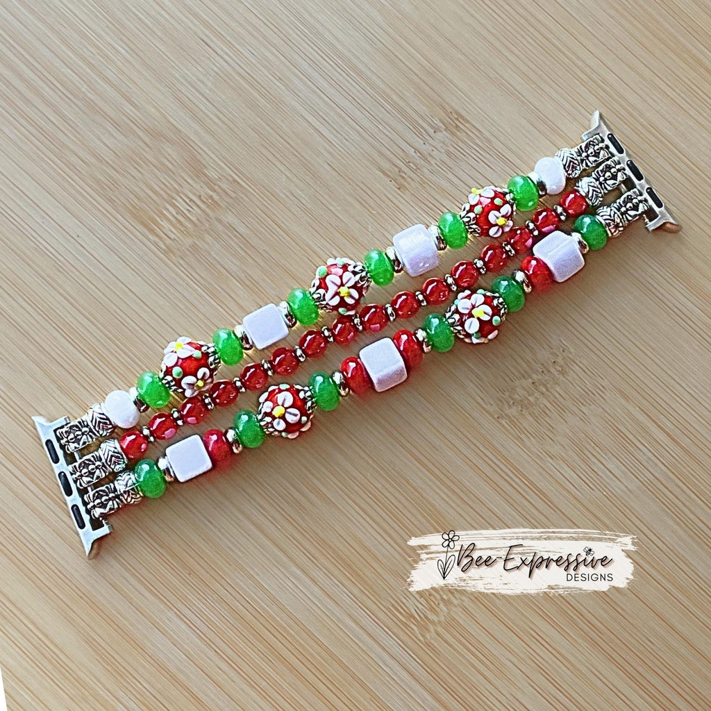 Handmade Beaded Apple Watch Bracelet: Glass Floral and Square Beads, Custom Size