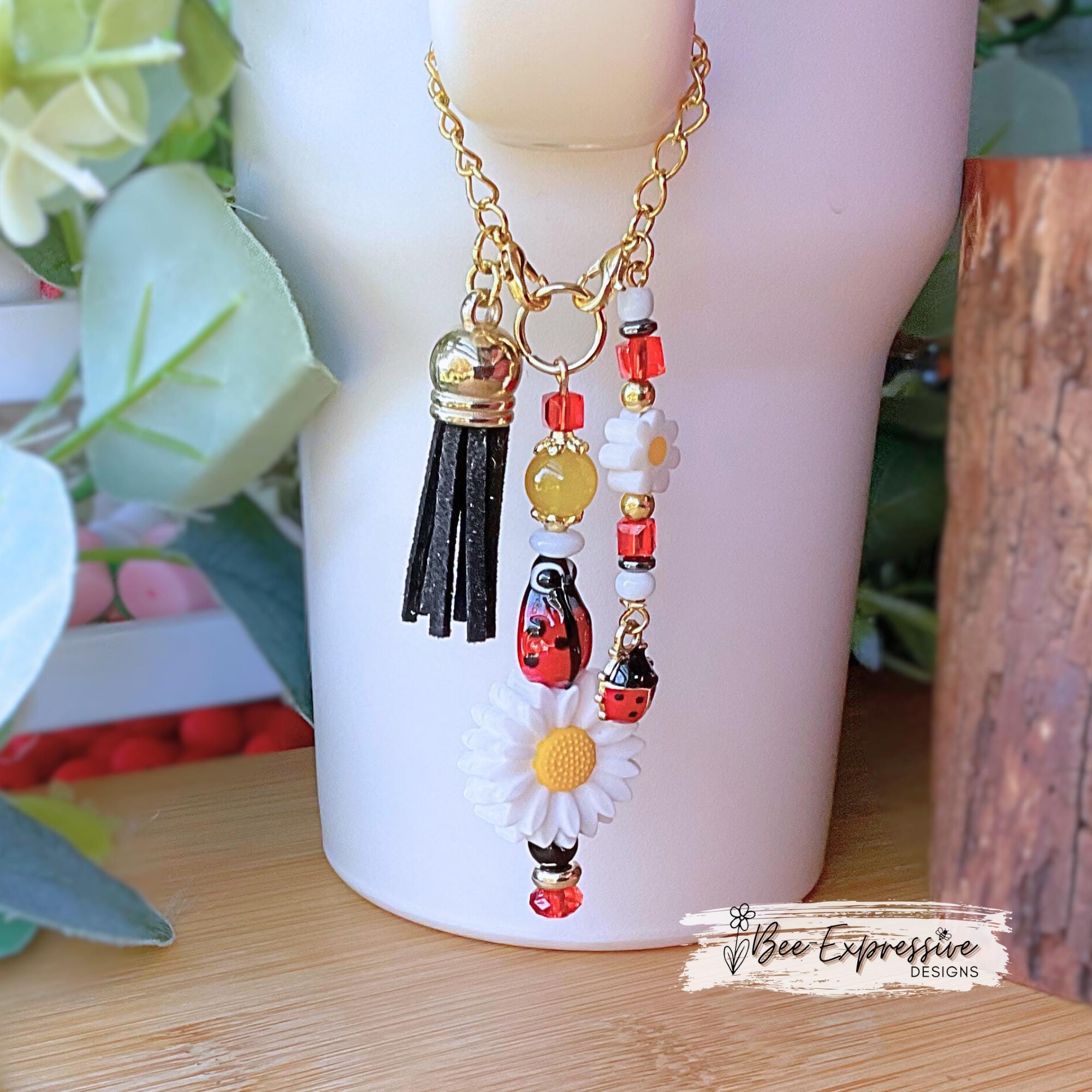 Ladybug Tumbler Charm: Glass Bead, Daisy Accents, Tassel