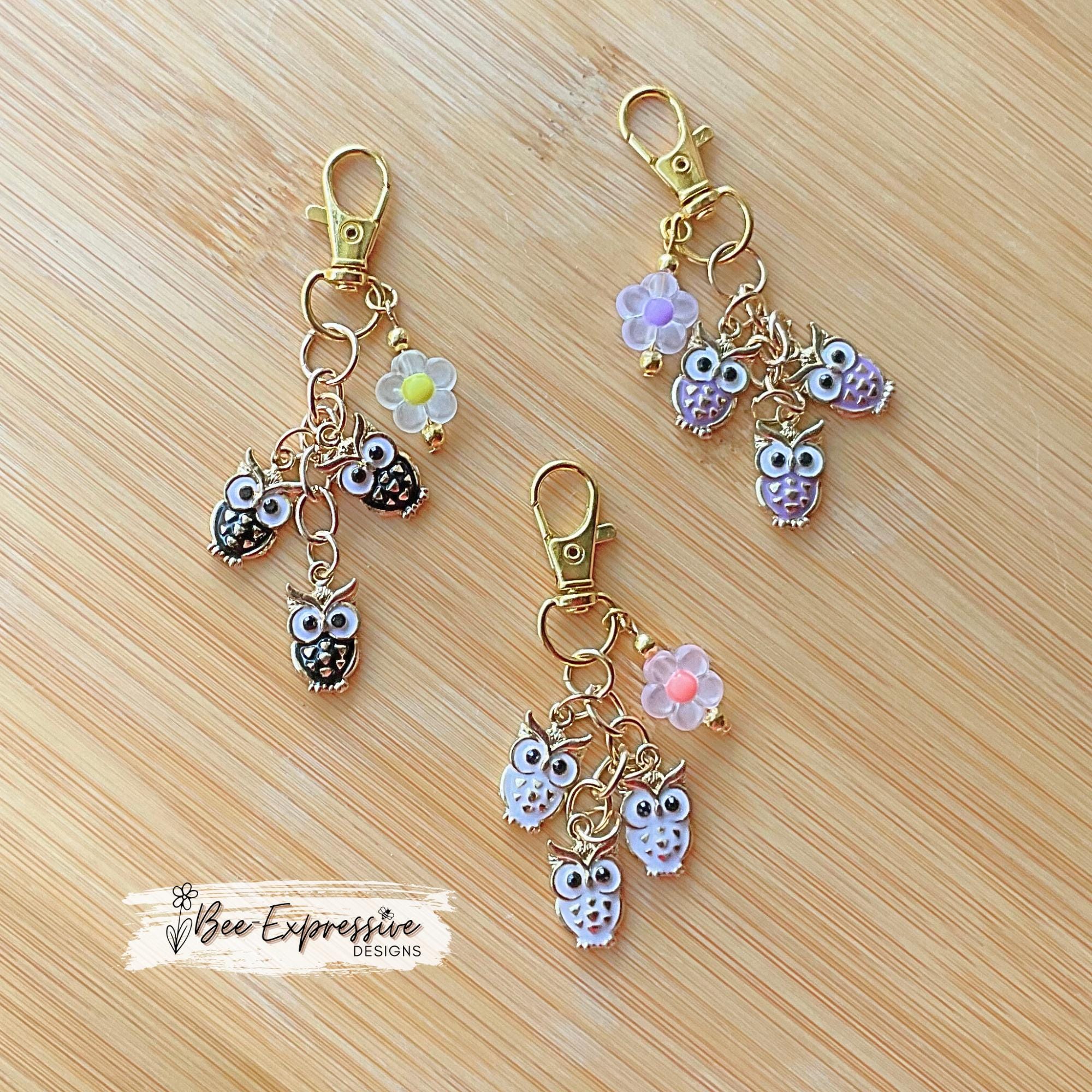 Owl Charms, Keychain, Bag Accessory:  Swivel clasp, acrylic daisy flower bead.