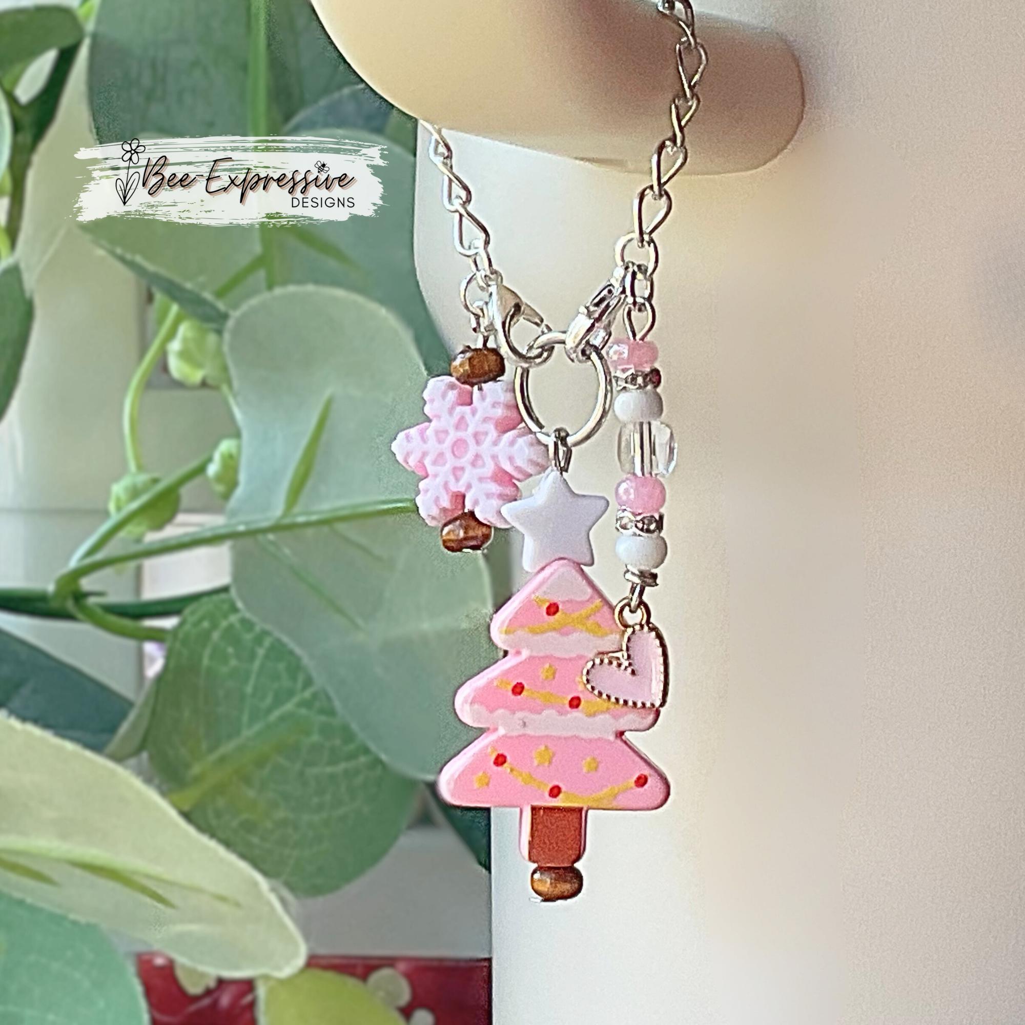 Beaded Christmas Tree Tumbler Charm: Acrylic, Star, Snowflake, Metal Heart Charm