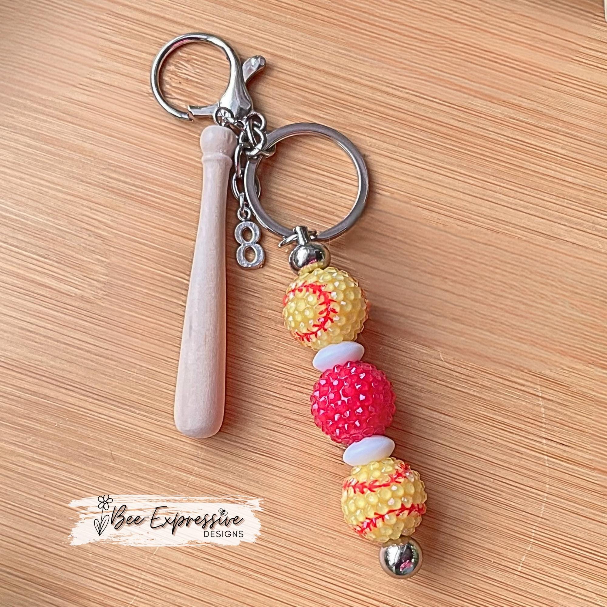 Softball Beaded Keychain: Wood Bat Charm & Custom Jersey Number