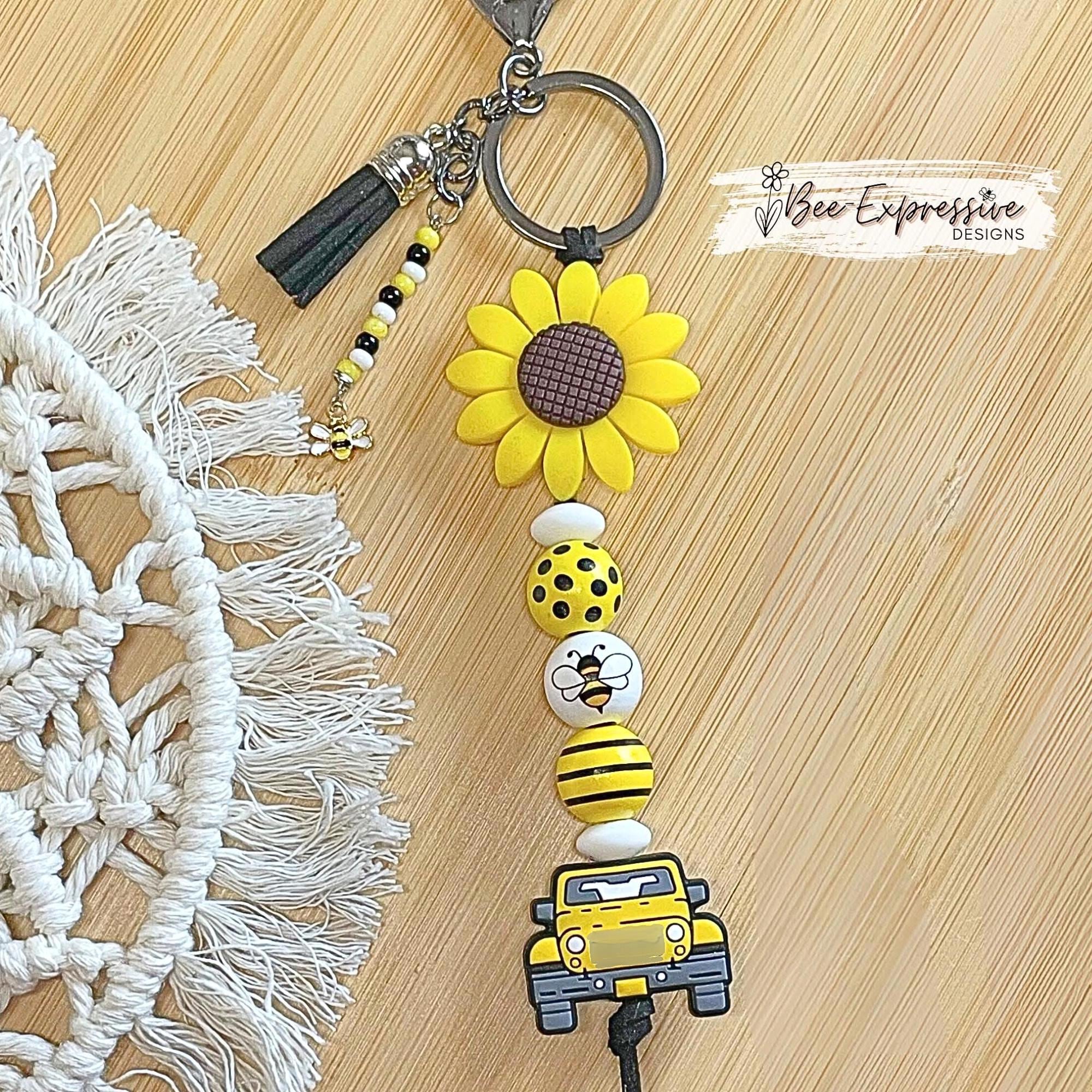4x4 Bee Keychain: Sunflower, Wood Beads & Bumblebee Charm
