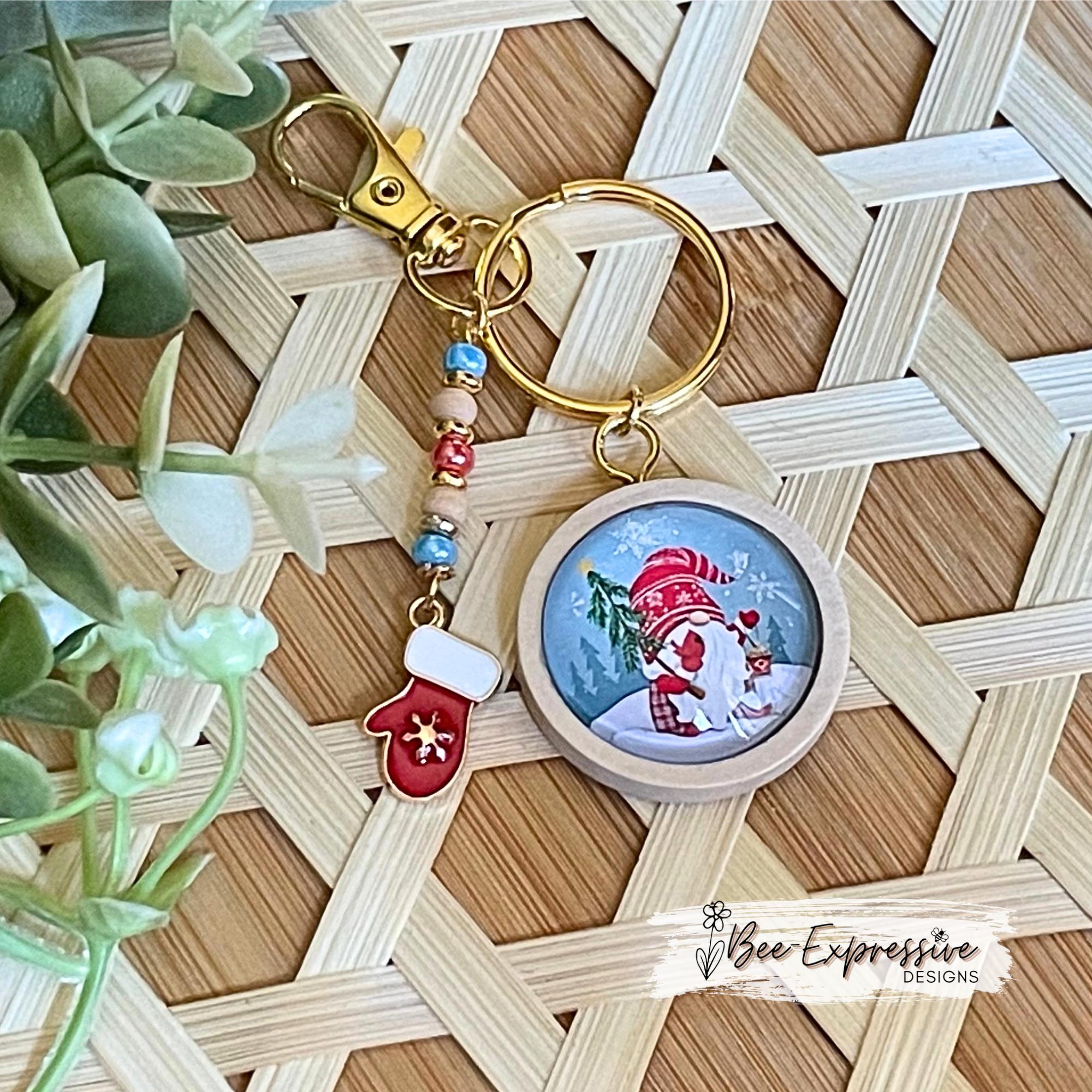 Handmade, Christmas Gnome Cabochon Keychain: Beaded tassel, Small mitten charm