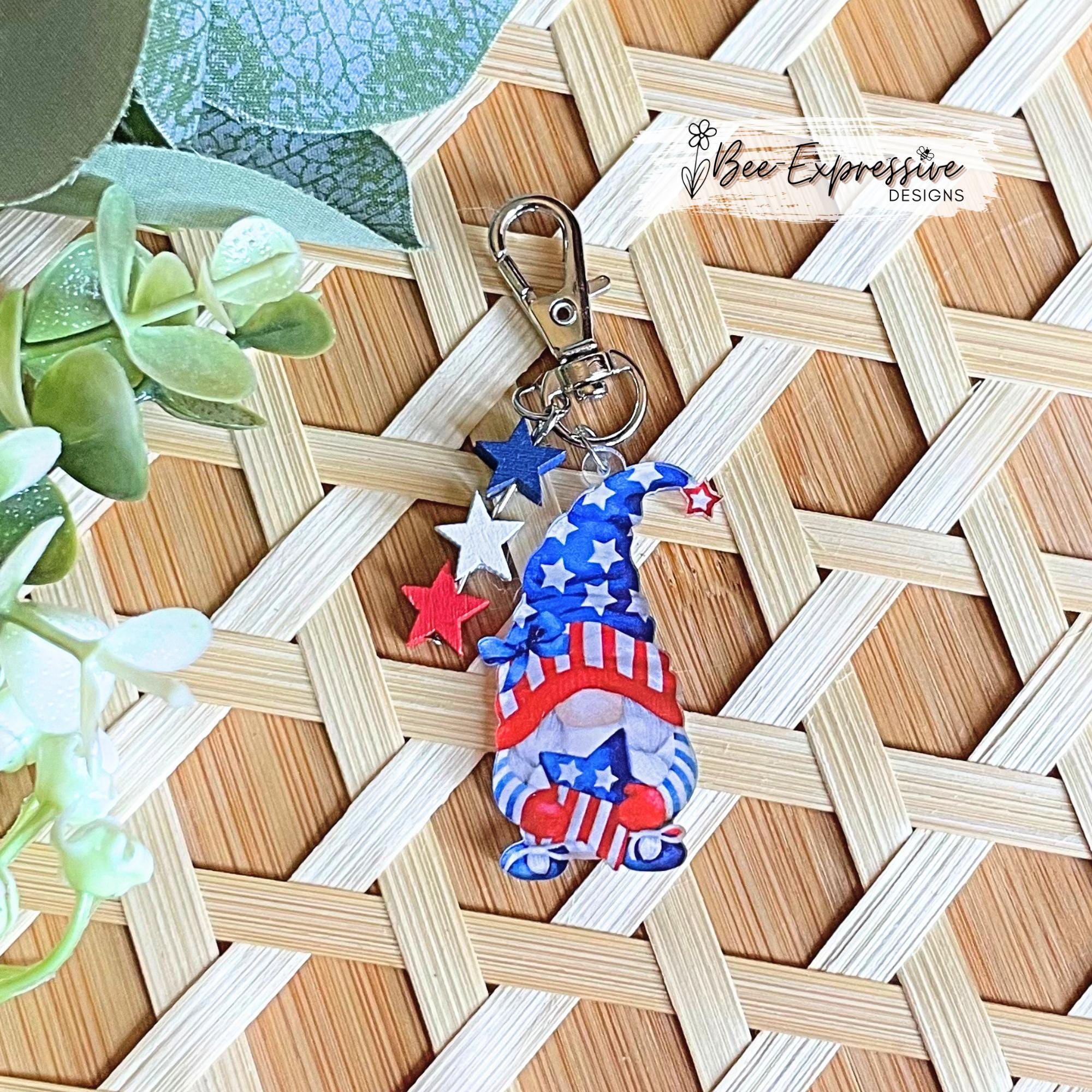 4th of July Gnome Keychain or Tumbler Chain:  Swivel clasp, acrylic, wood star beads