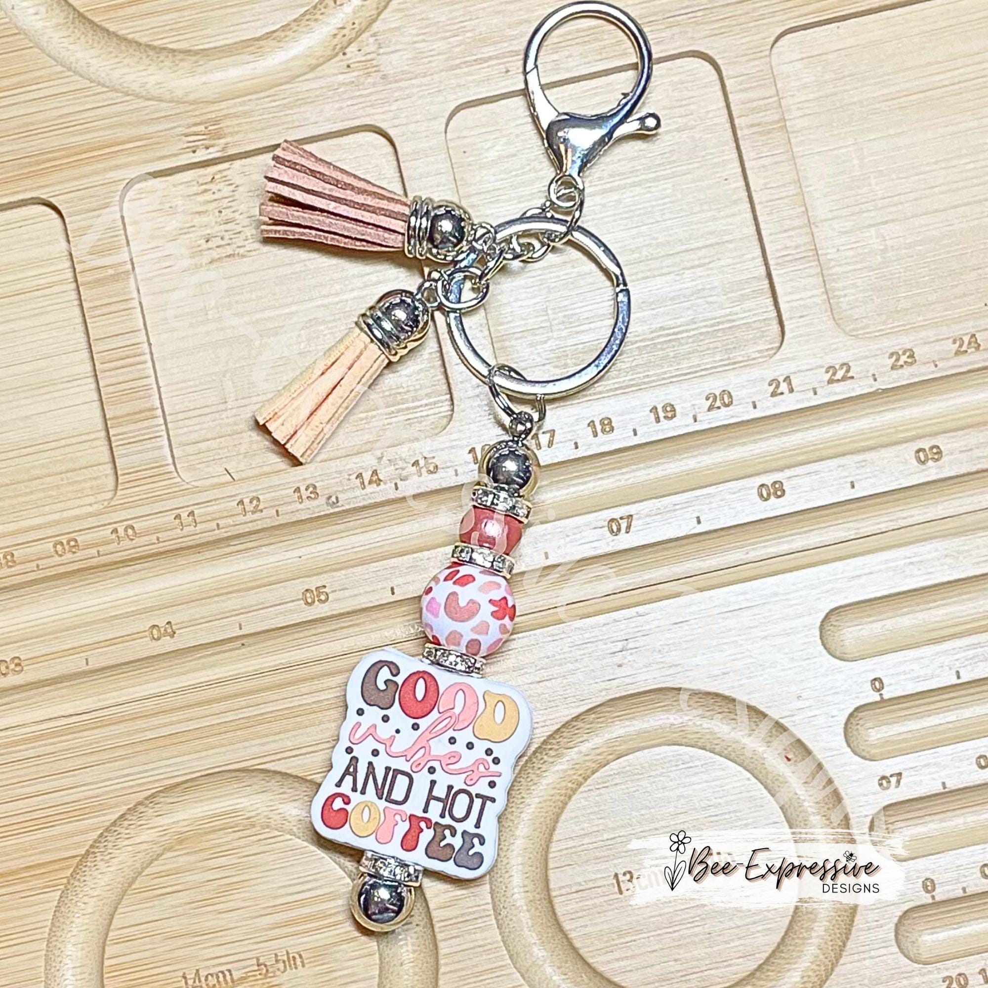 Handmade Beaded Keychain: Good Vibes & Hot Coffee, Tassel Charm