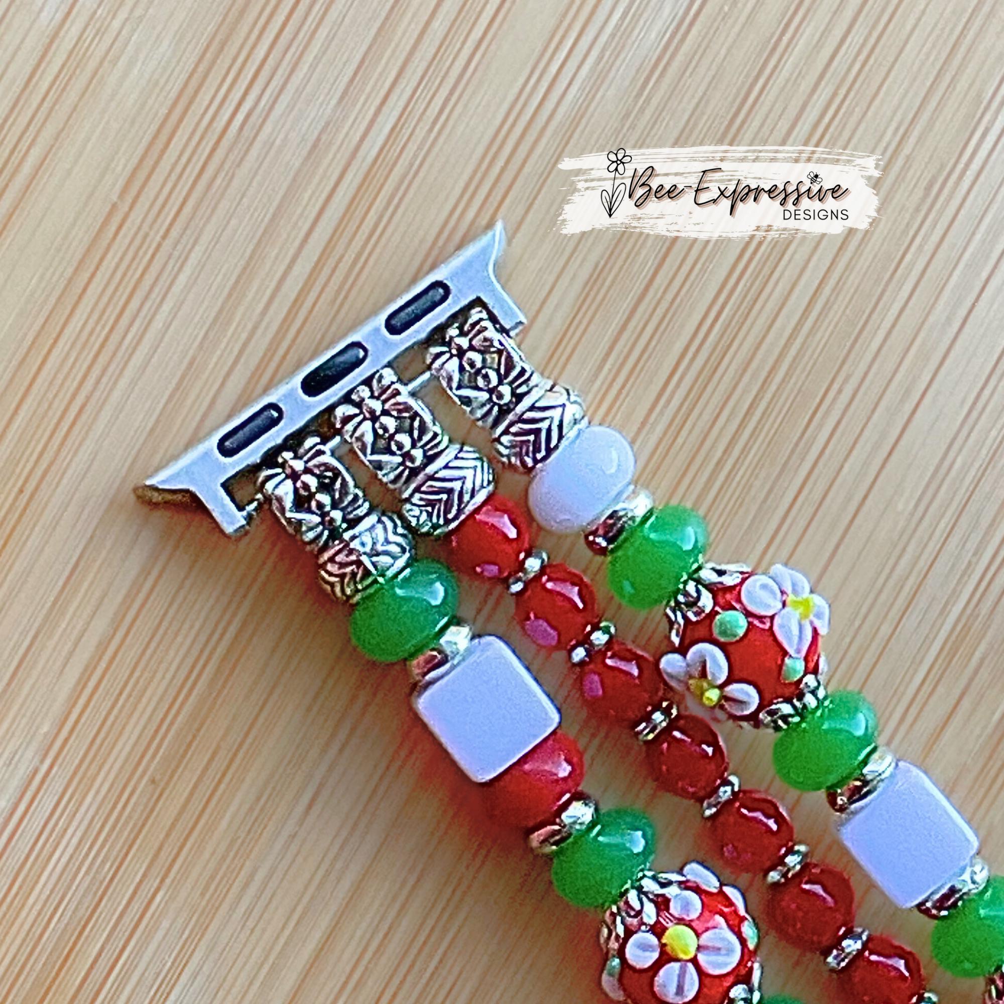 Handmade Beaded Apple Watch Bracelet: Glass Floral and Square Beads, Custom Size