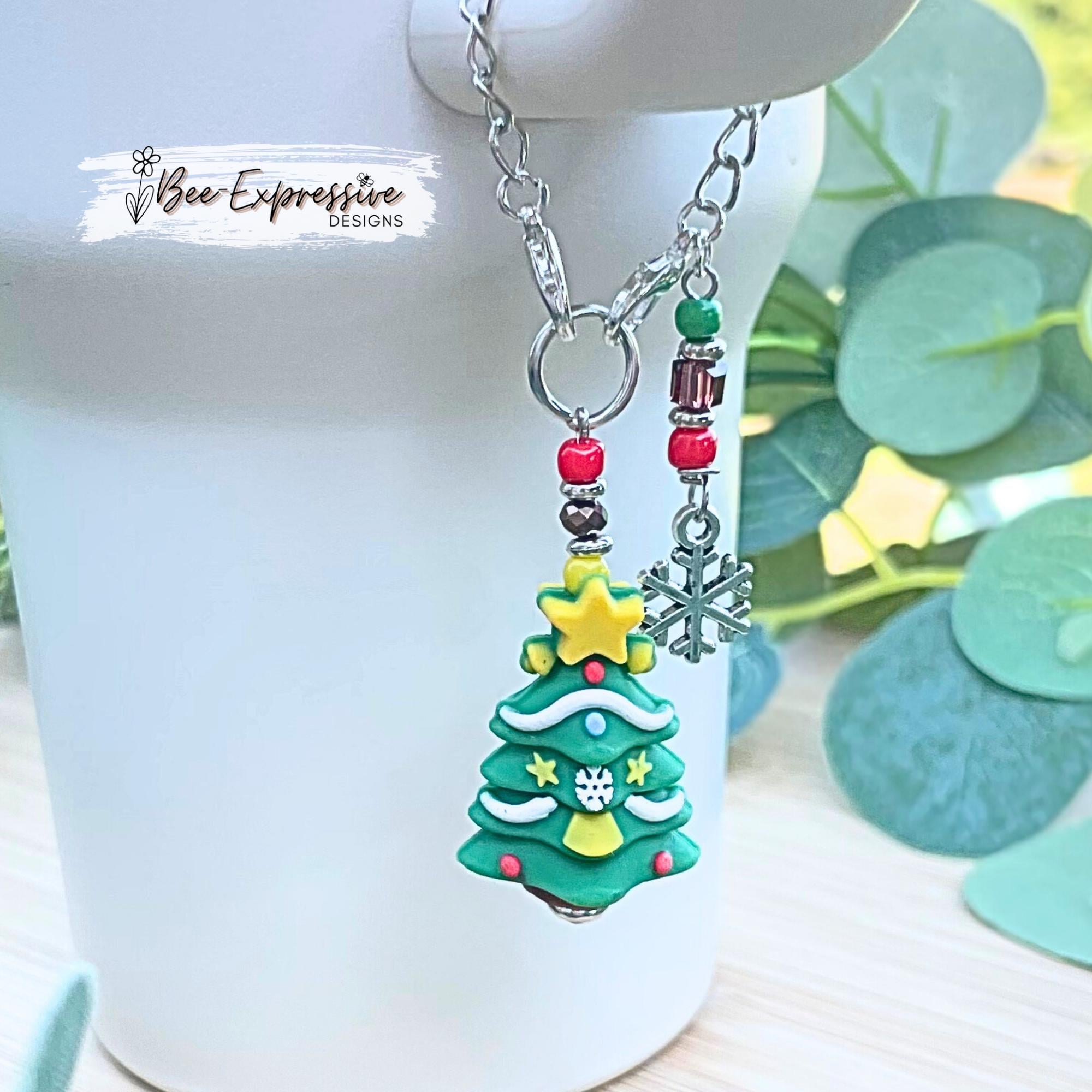 Handmade Christmas Tree Tumbler Charm or Bag Accessory: Beaded tassel with a snowflake charm