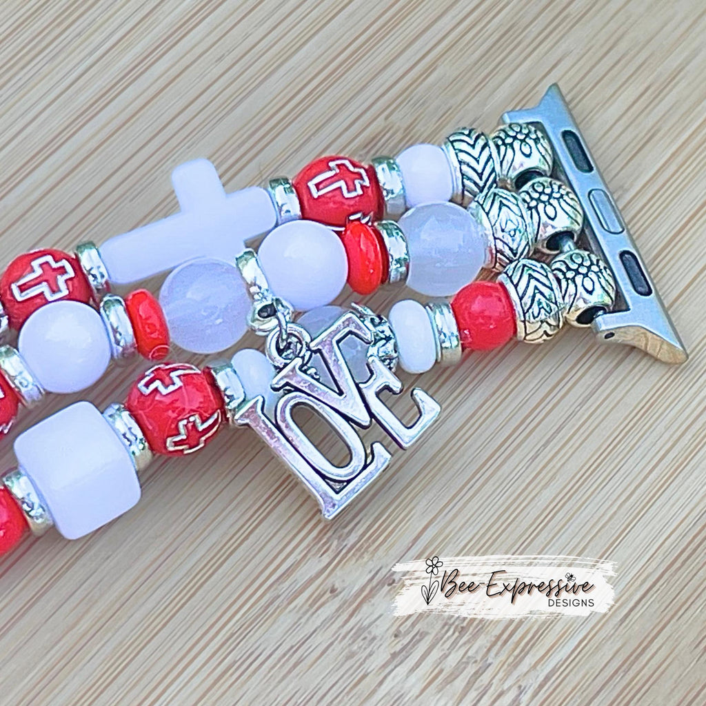 Handmade Beaded Apple Watch Bracelet: Cross & LOVE Charms, Custom Sized