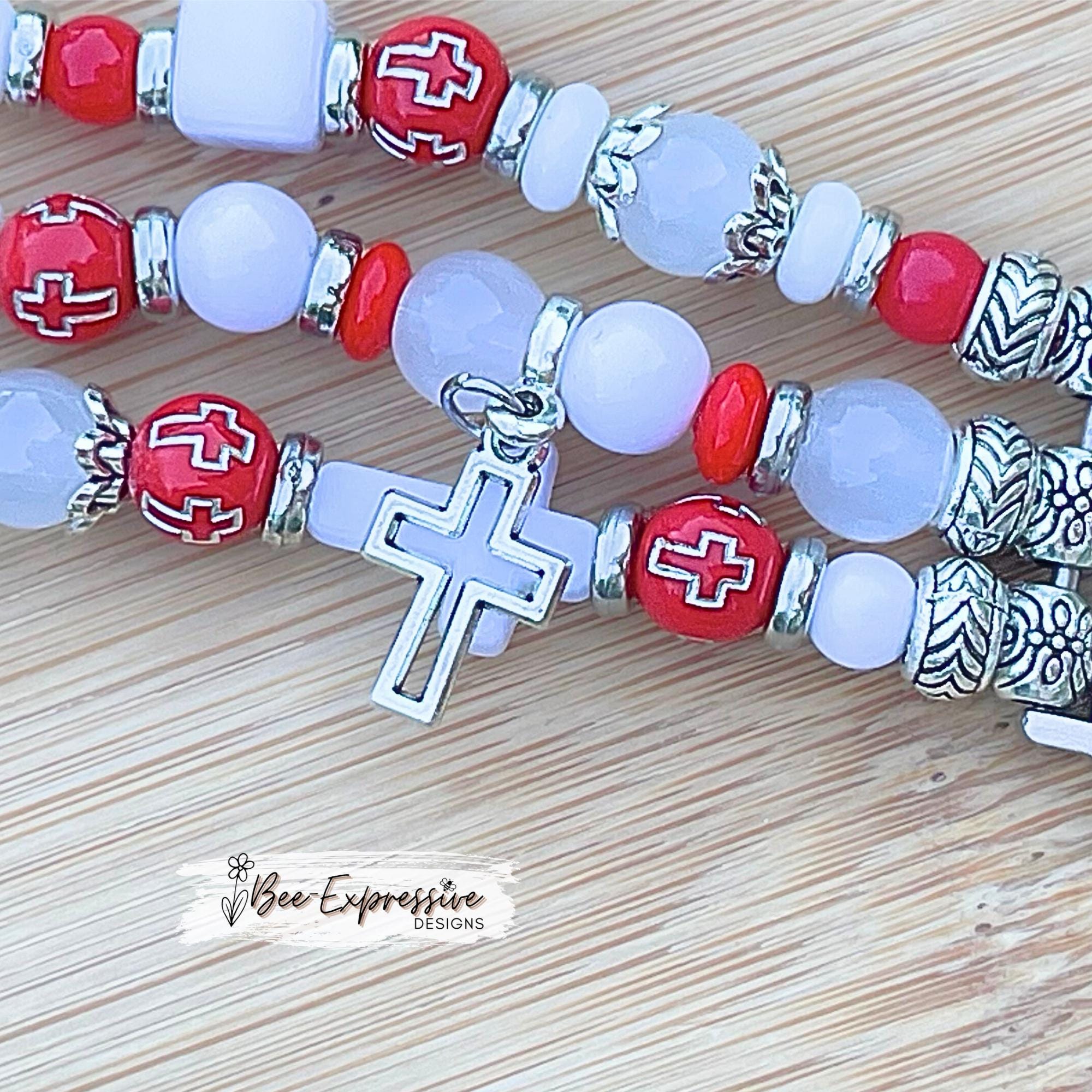 Handmade Beaded Apple Watch Bracelet: Cross & LOVE Charms, Custom Sized
