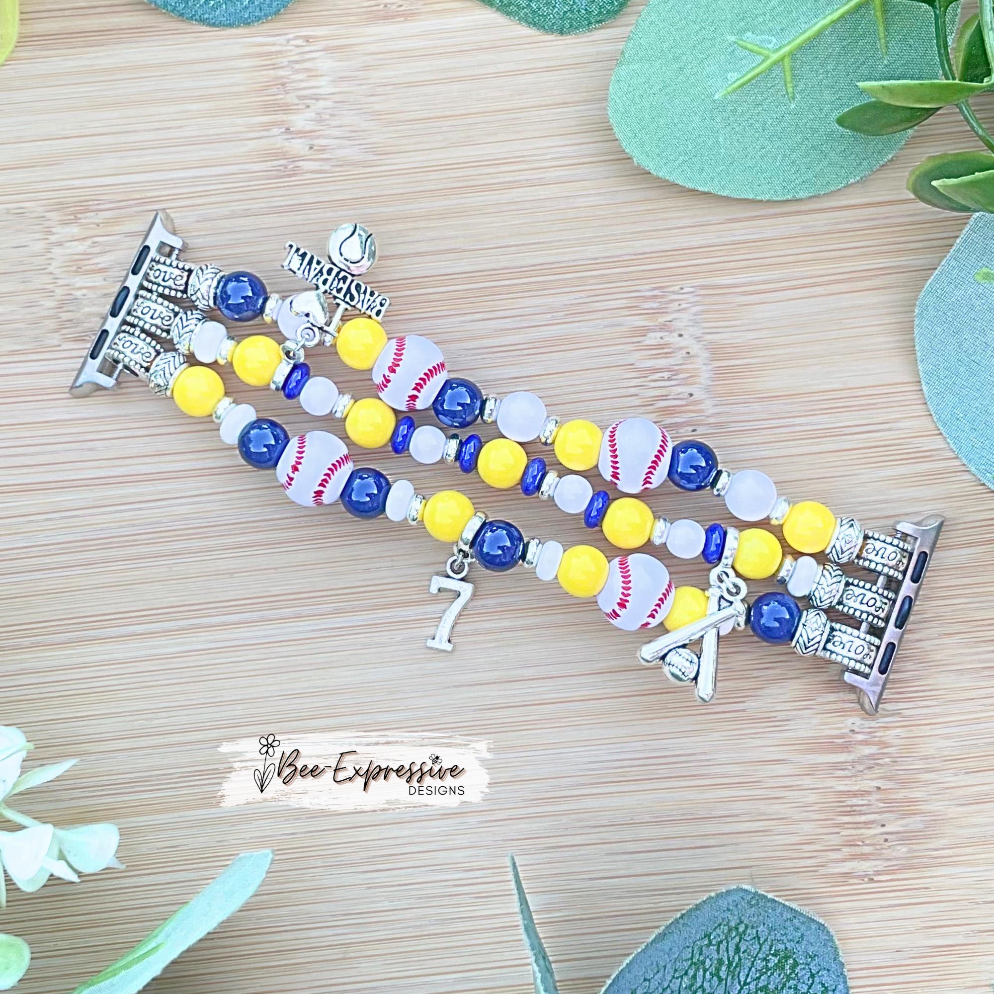 Handmade Baseball Apple Watch Band: Beaded Charm Bracelet, Custom Jersey Number...