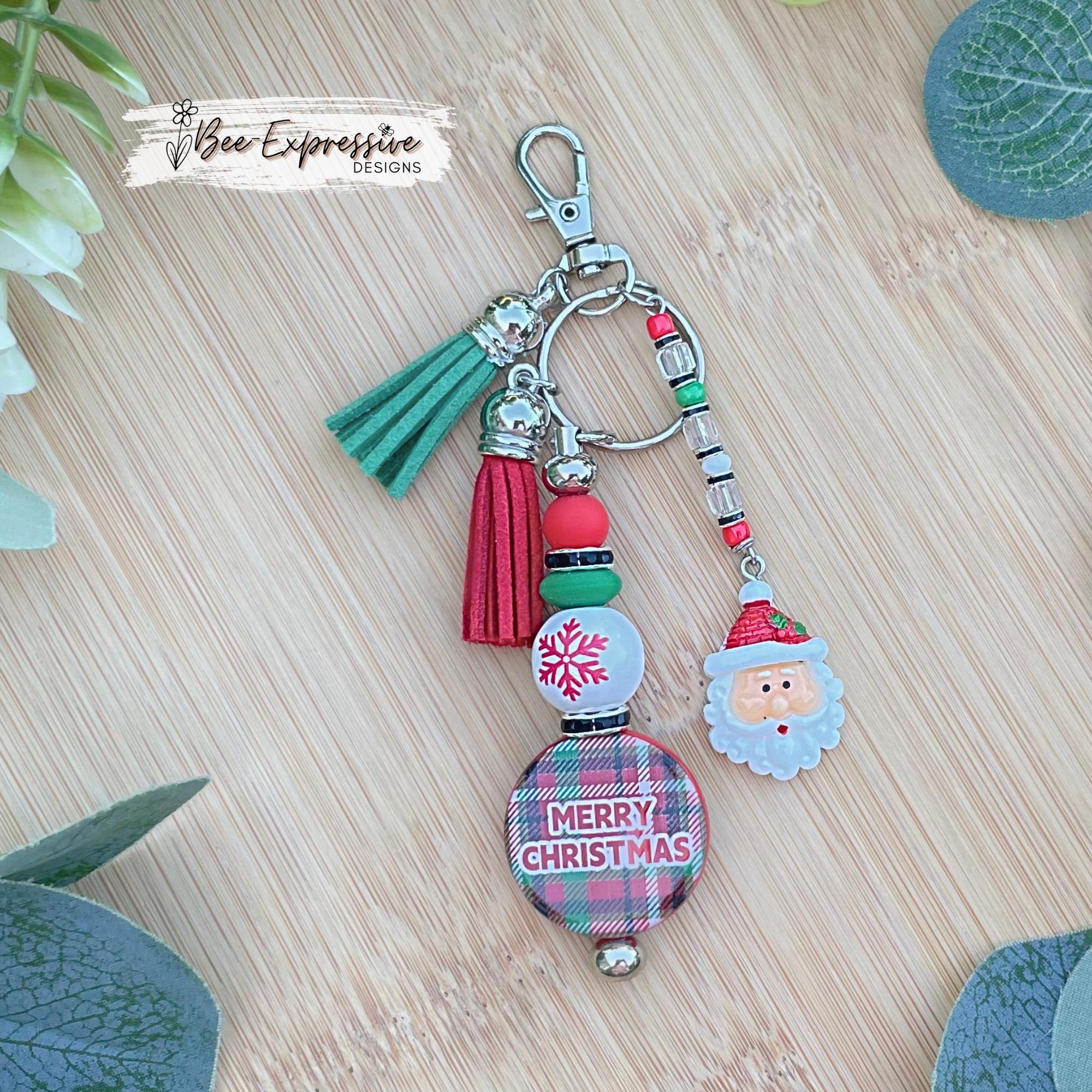 Handmade Merry Christmas Keychain: Acrylic Round Bead, Beaded Tassel with a Santa Claus Charm