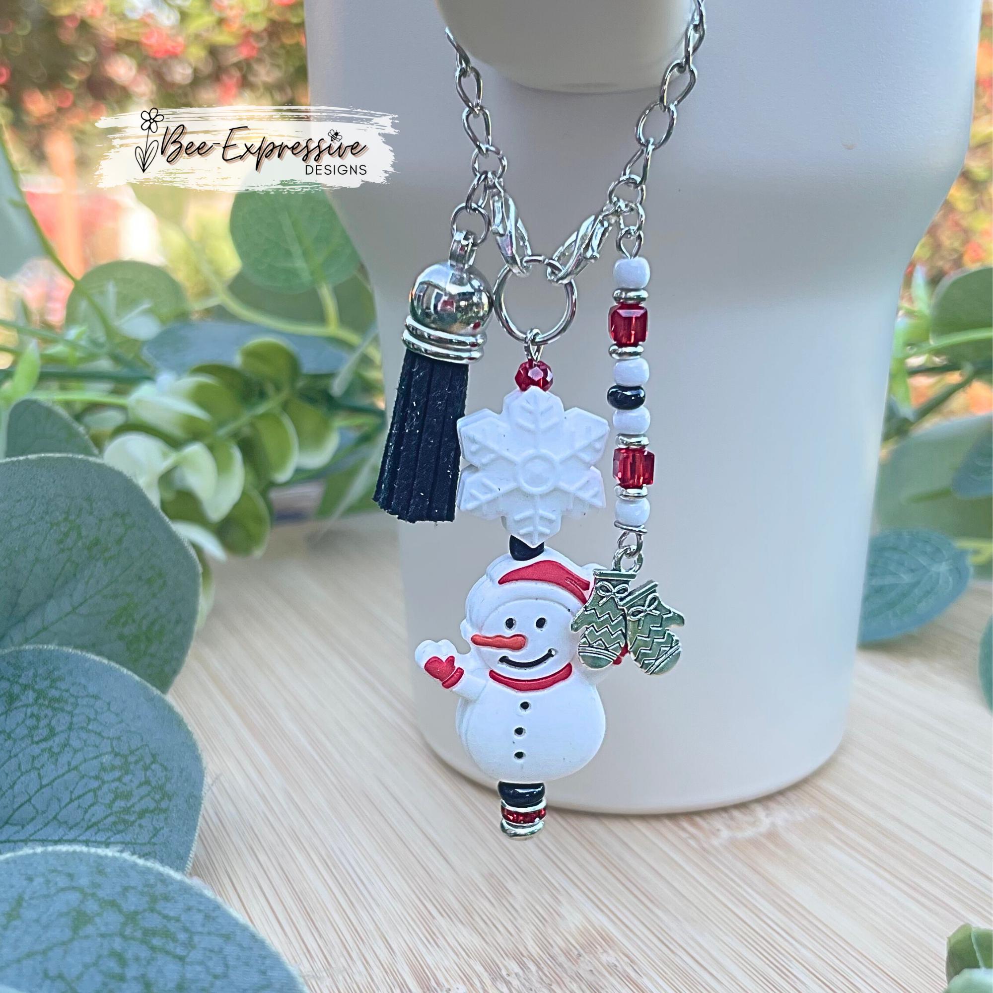 Beaded Snowman Tumbler Charm Chain: Silicone Snowflake Bead, mittens charm