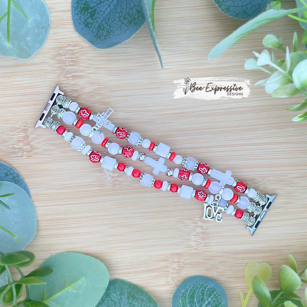 Handmade Beaded Apple Watch Bracelet: Cross & LOVE Charms, Custom Sized