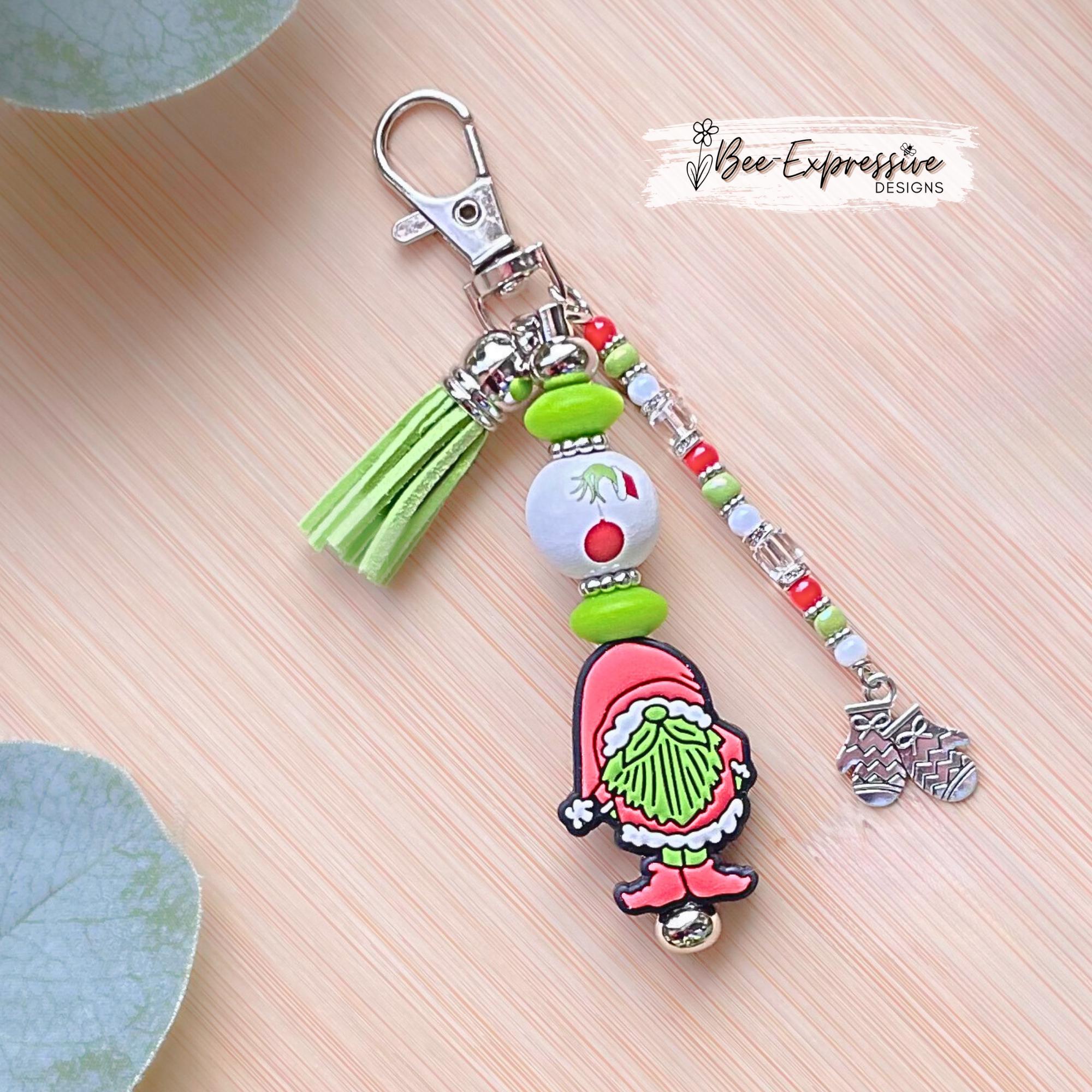 Handmade, Christmas Grinch Gnome Keychain: Swivel Clasp, Beaded Tassel with Mittens Charm