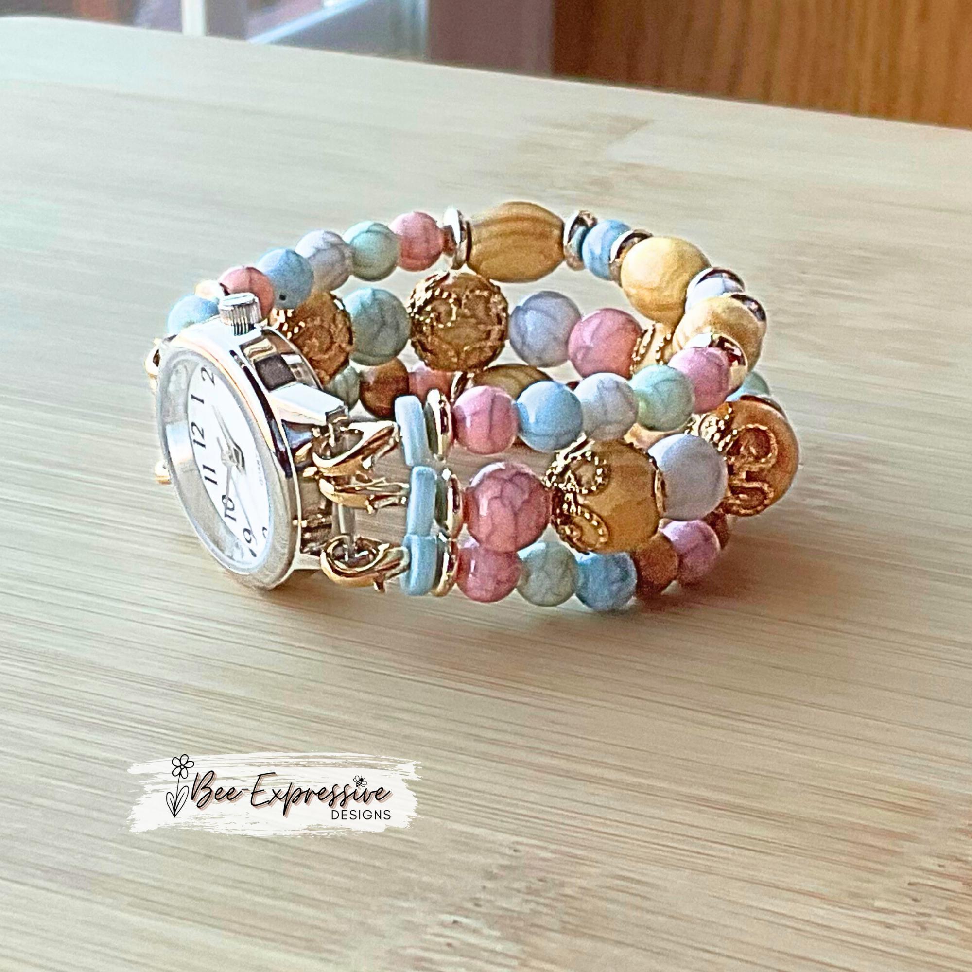 Handmade, Universal Watch Band: Wood & Acrylic Beads, Lobster Clasps