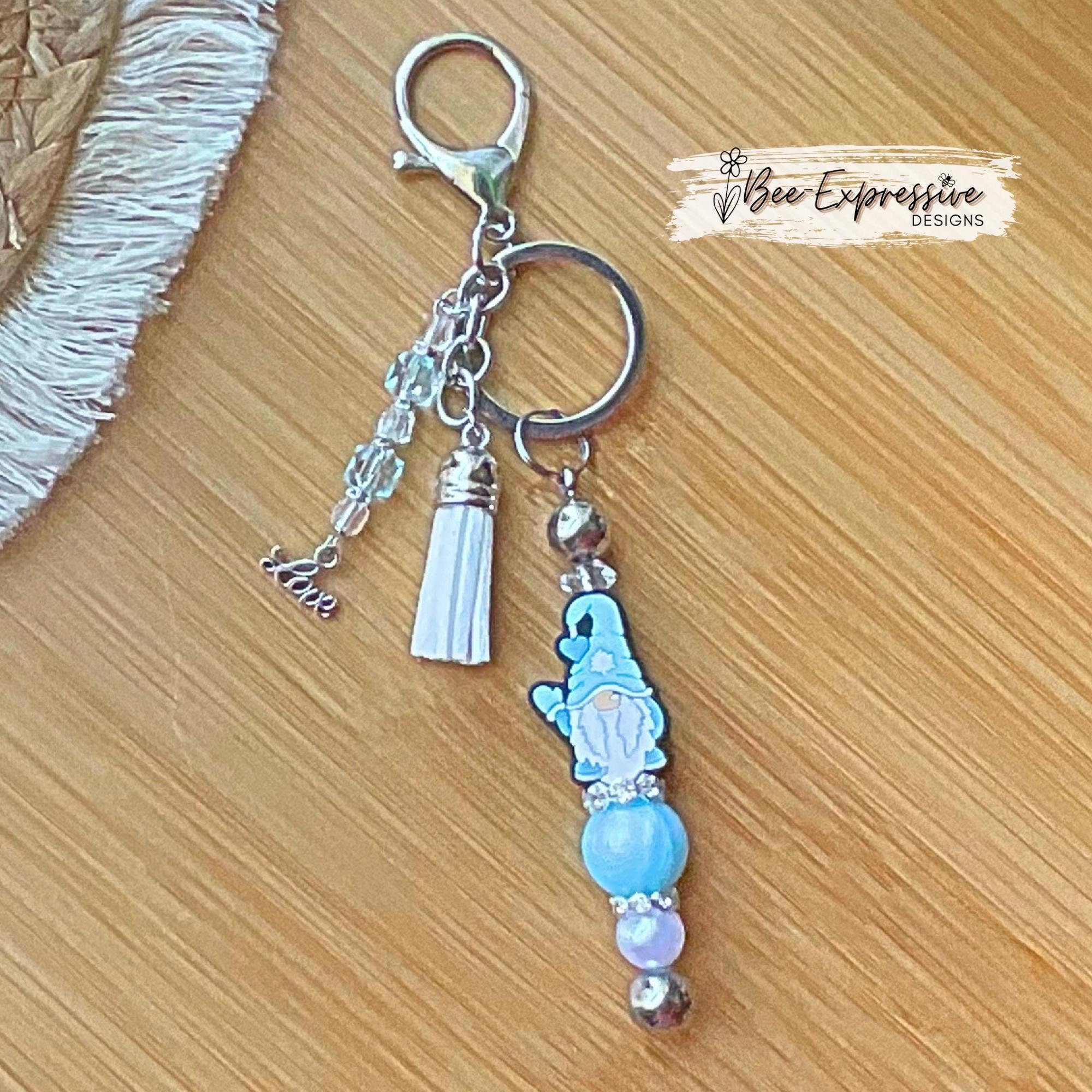 Handmade Winter Gnome Keychain, Iridescent Bead Tassel, Lobster or swivel Clasp
