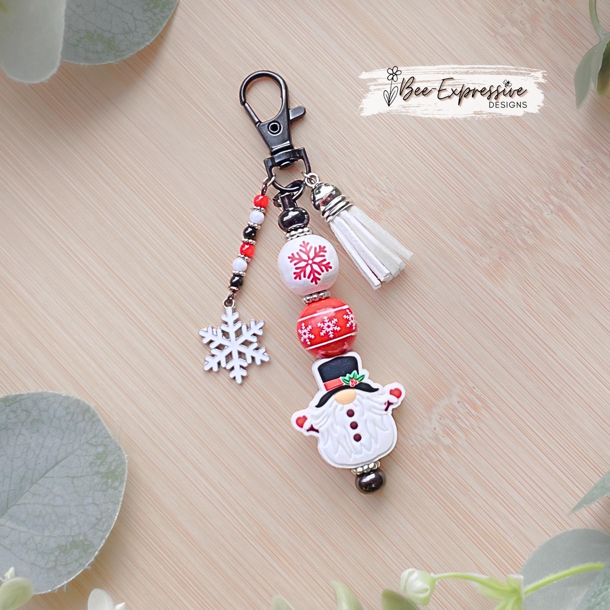 Handmade Winter Gnome Keychain: Beaded Tassel with a Snowflake Charm, Swivel Clasp