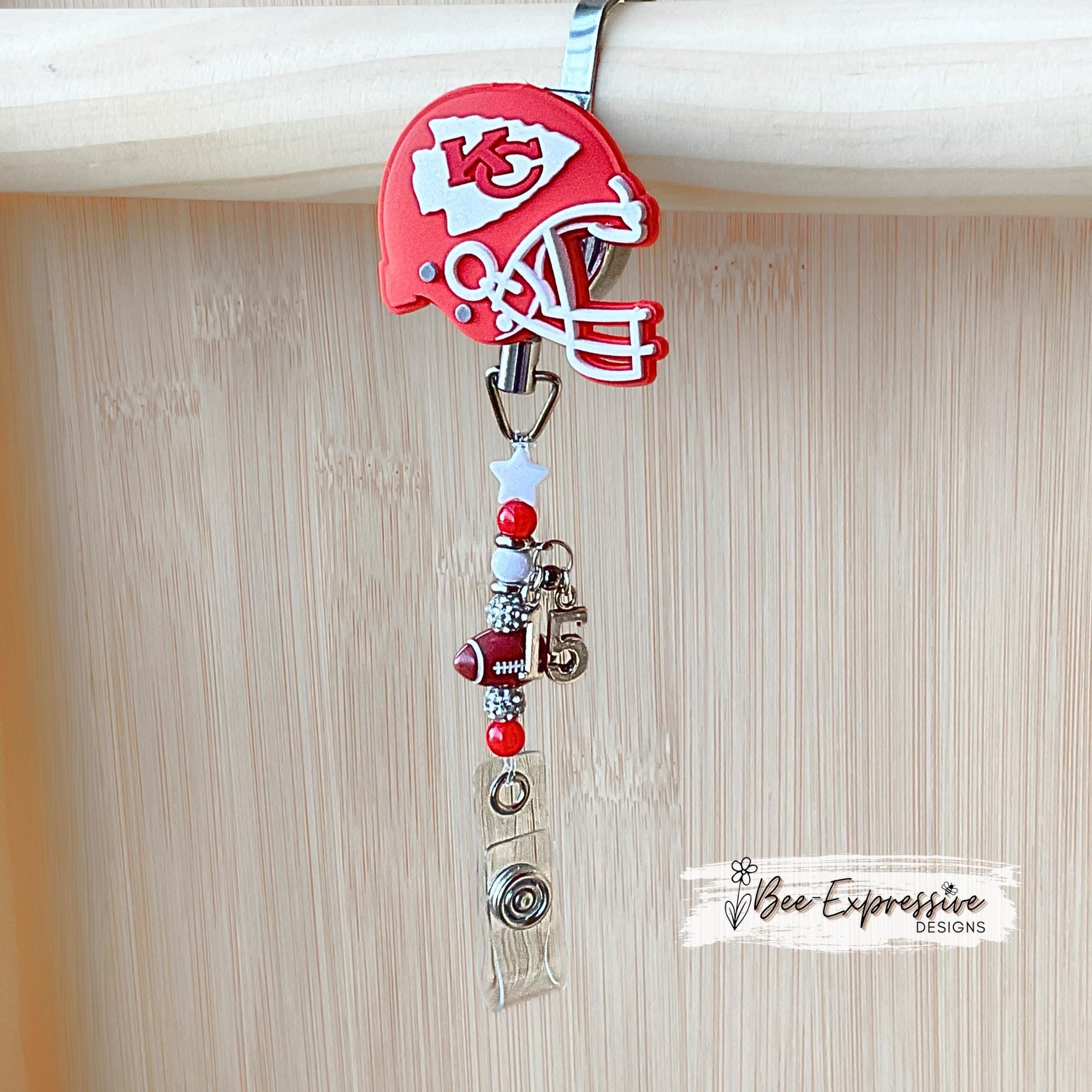 KC, beaded badge reel: Acrylic Football, Metal Clip, Custom Jersey #
