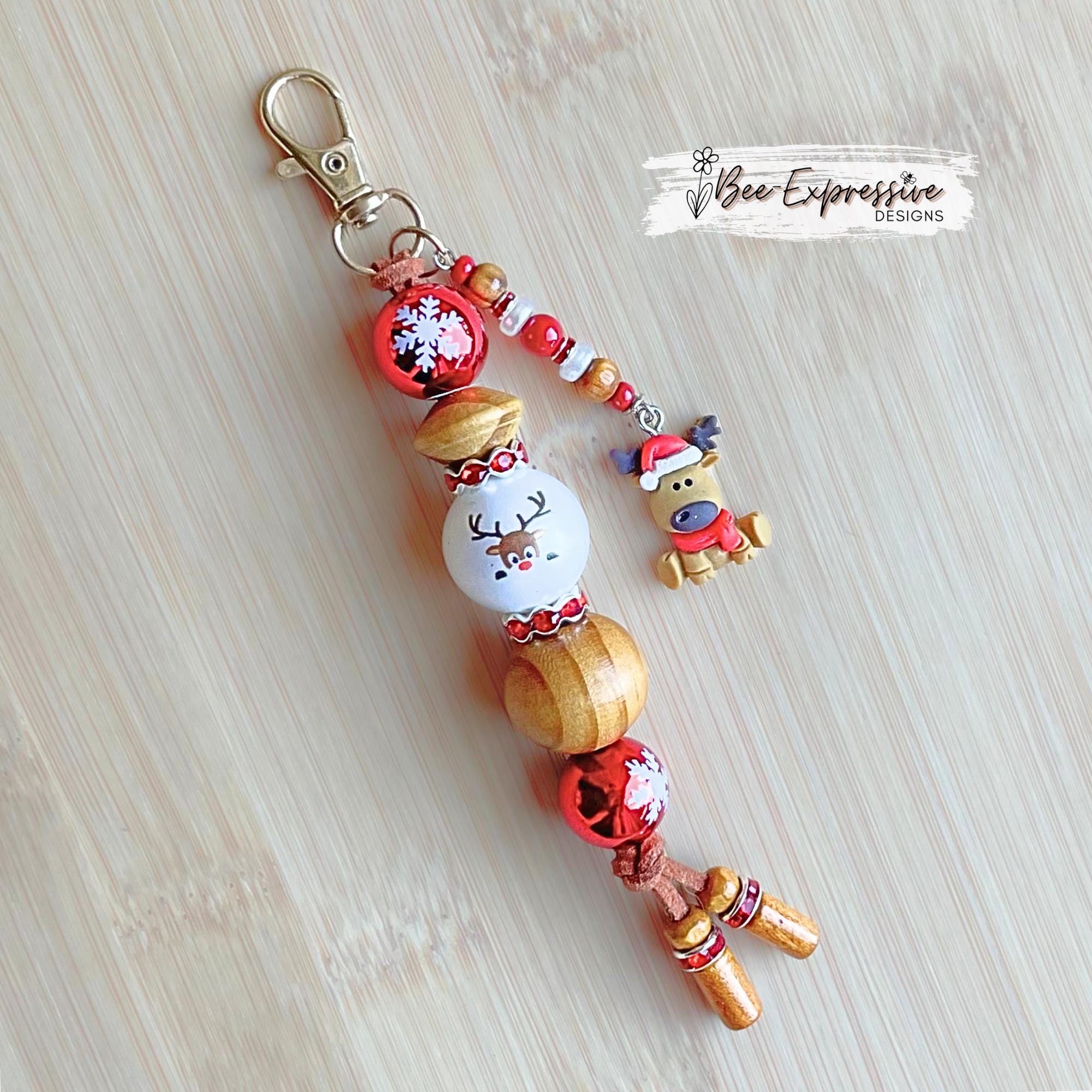 Handmade Reindeer Keychain: wood beads, rhinestones, reindeer charm