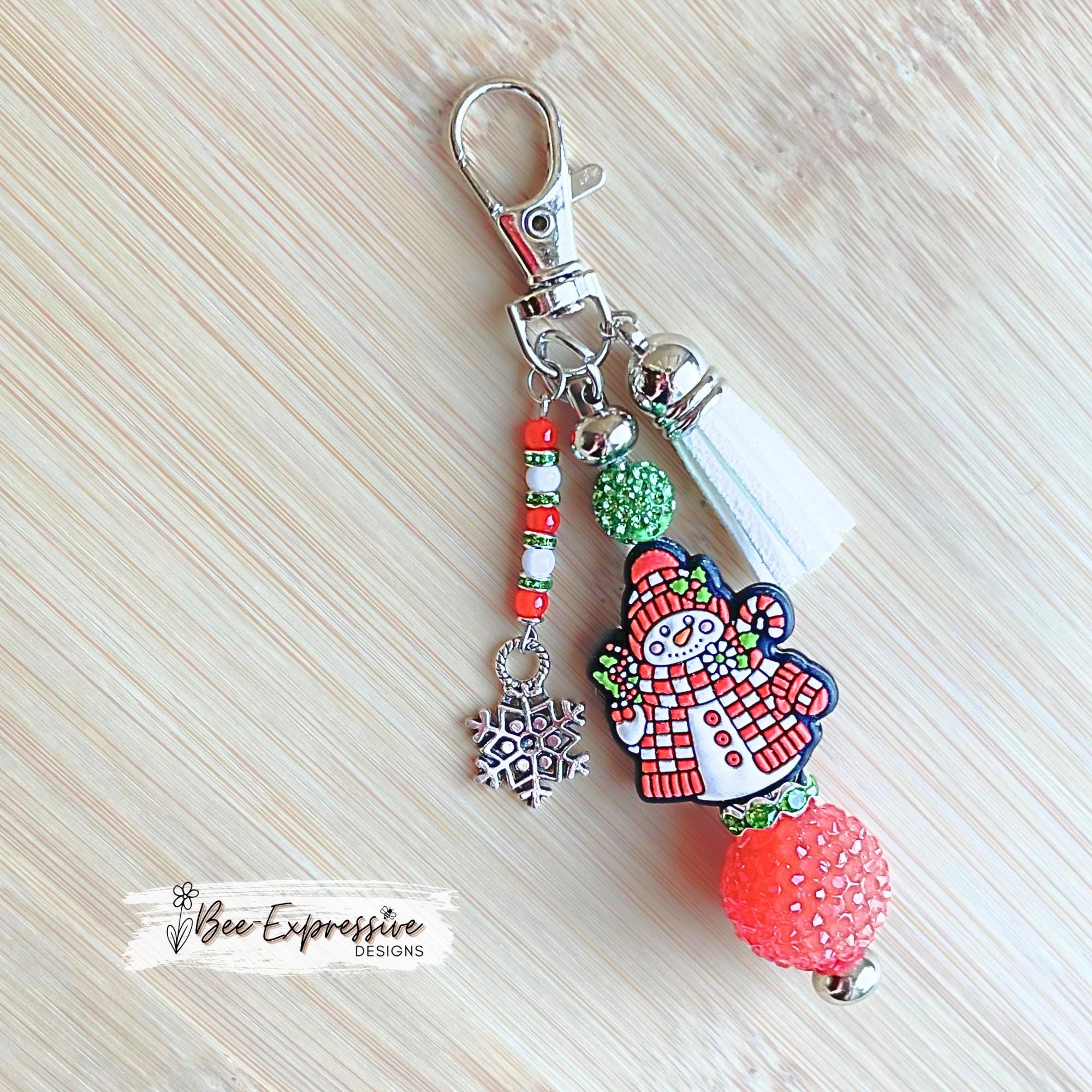 Handmade, Christmas Snowman, Keychain or Bag Accessory: Swivel Clasp, Snowflake Charm